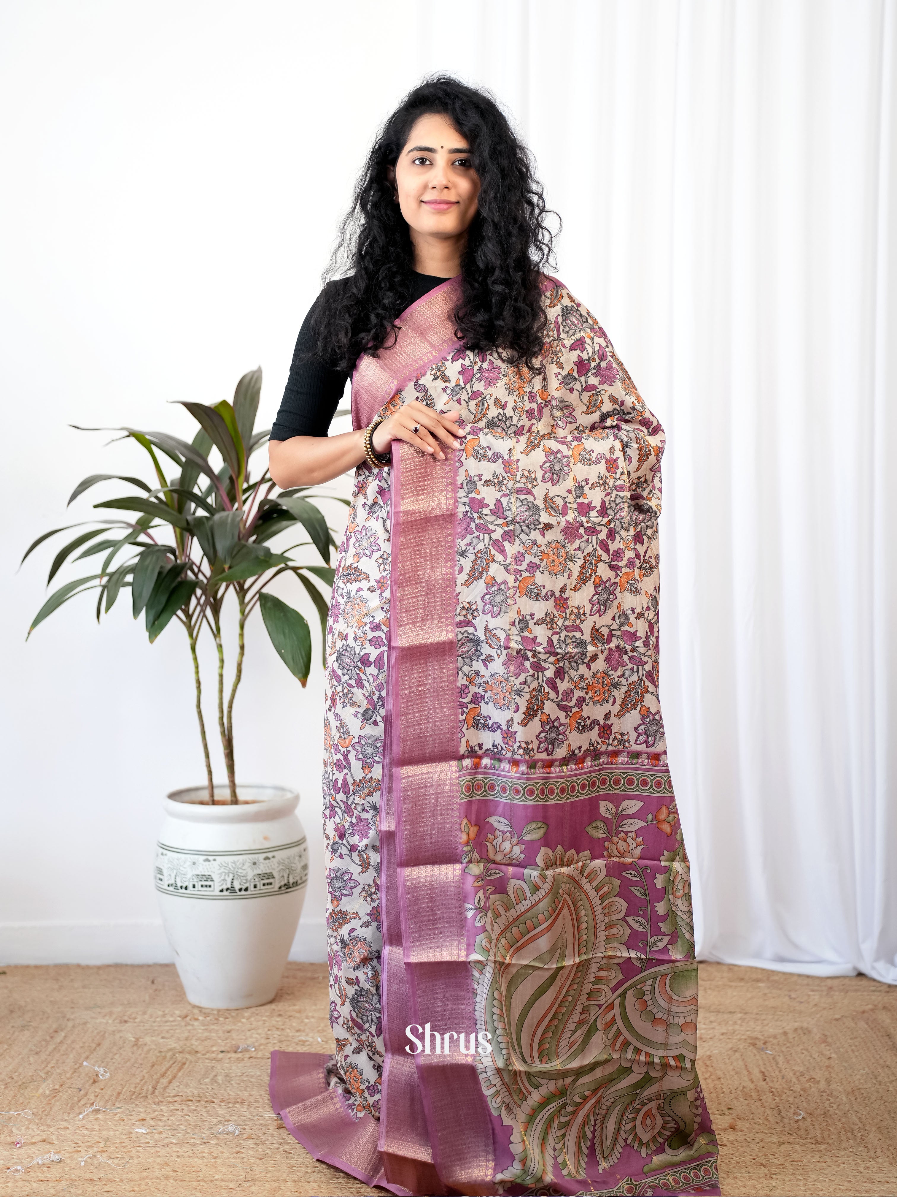 Grey & Purple - Semi Crepe Saree