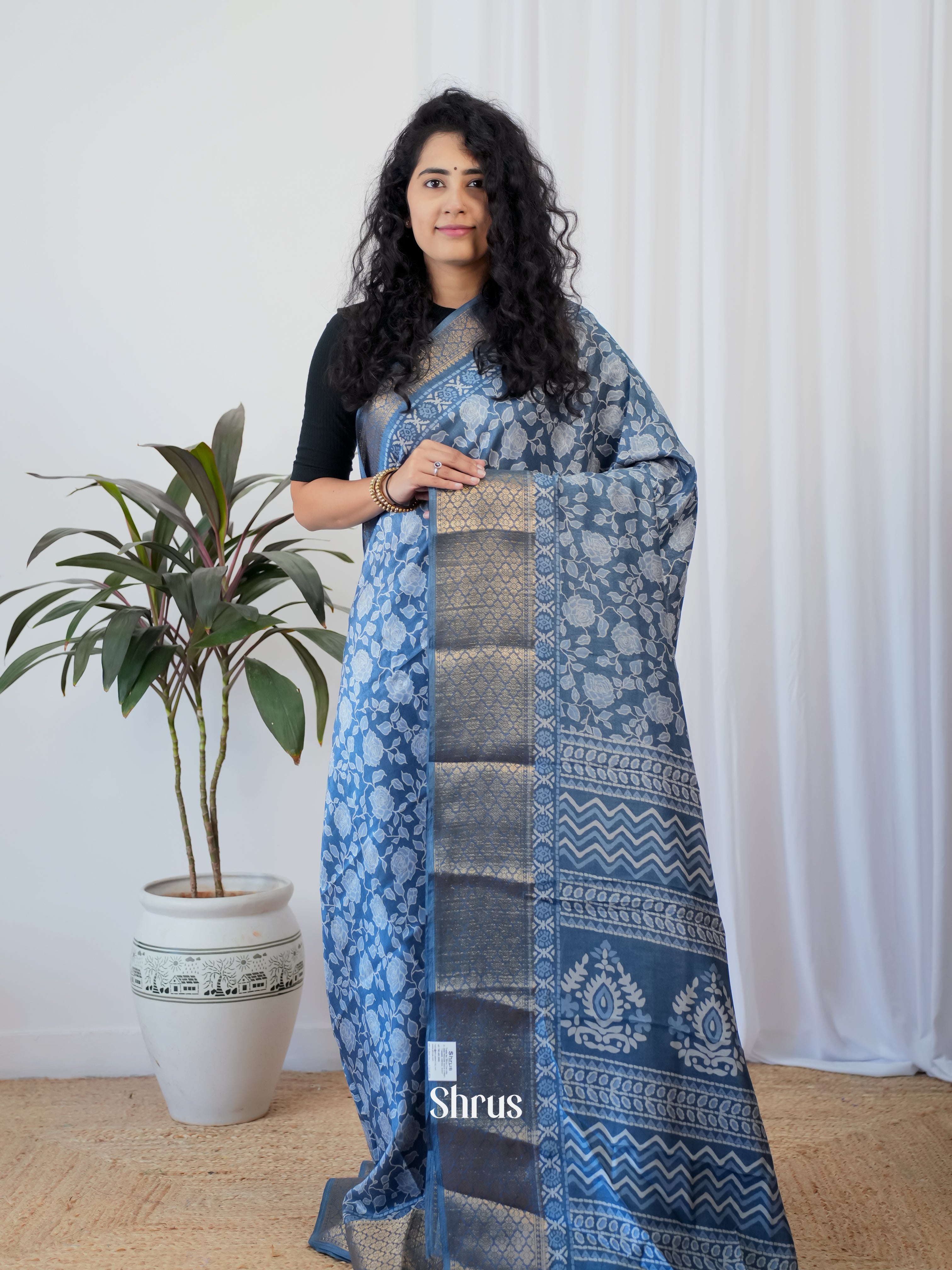 Blue - Semi Crepe Saree