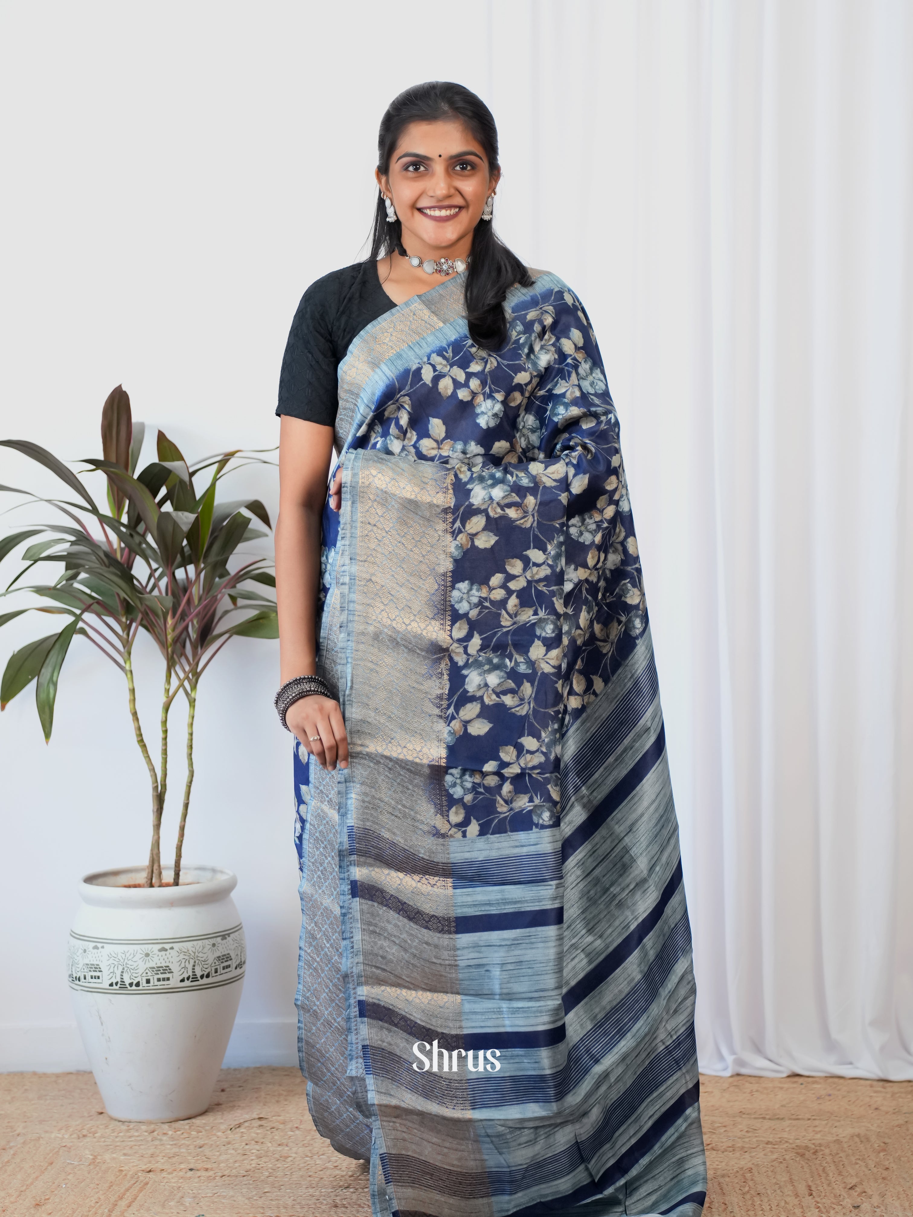 Blue - Semi Crepe Saree