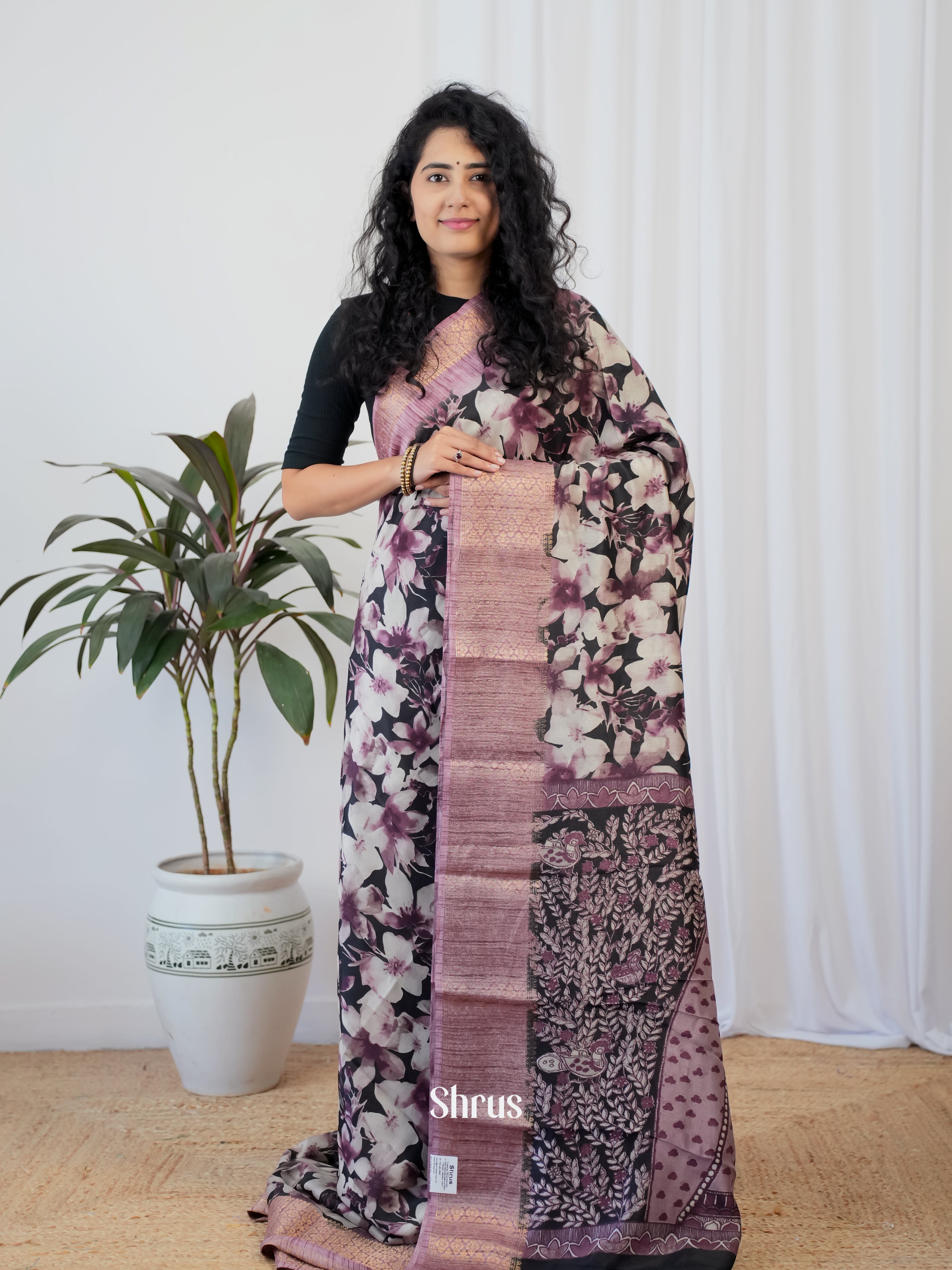 Dark Purple & Cream - Semi Crepe Saree