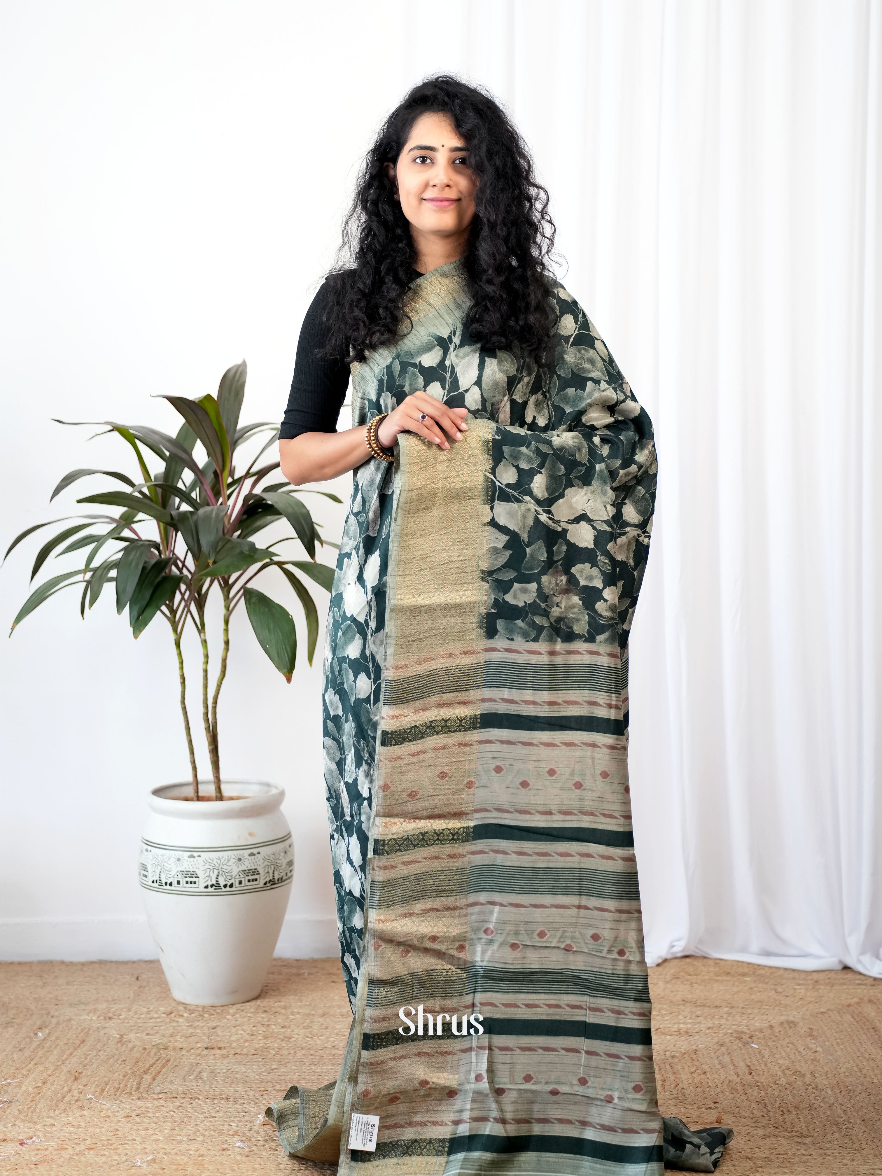 Dark Green & Grey - Semi Crepe Saree