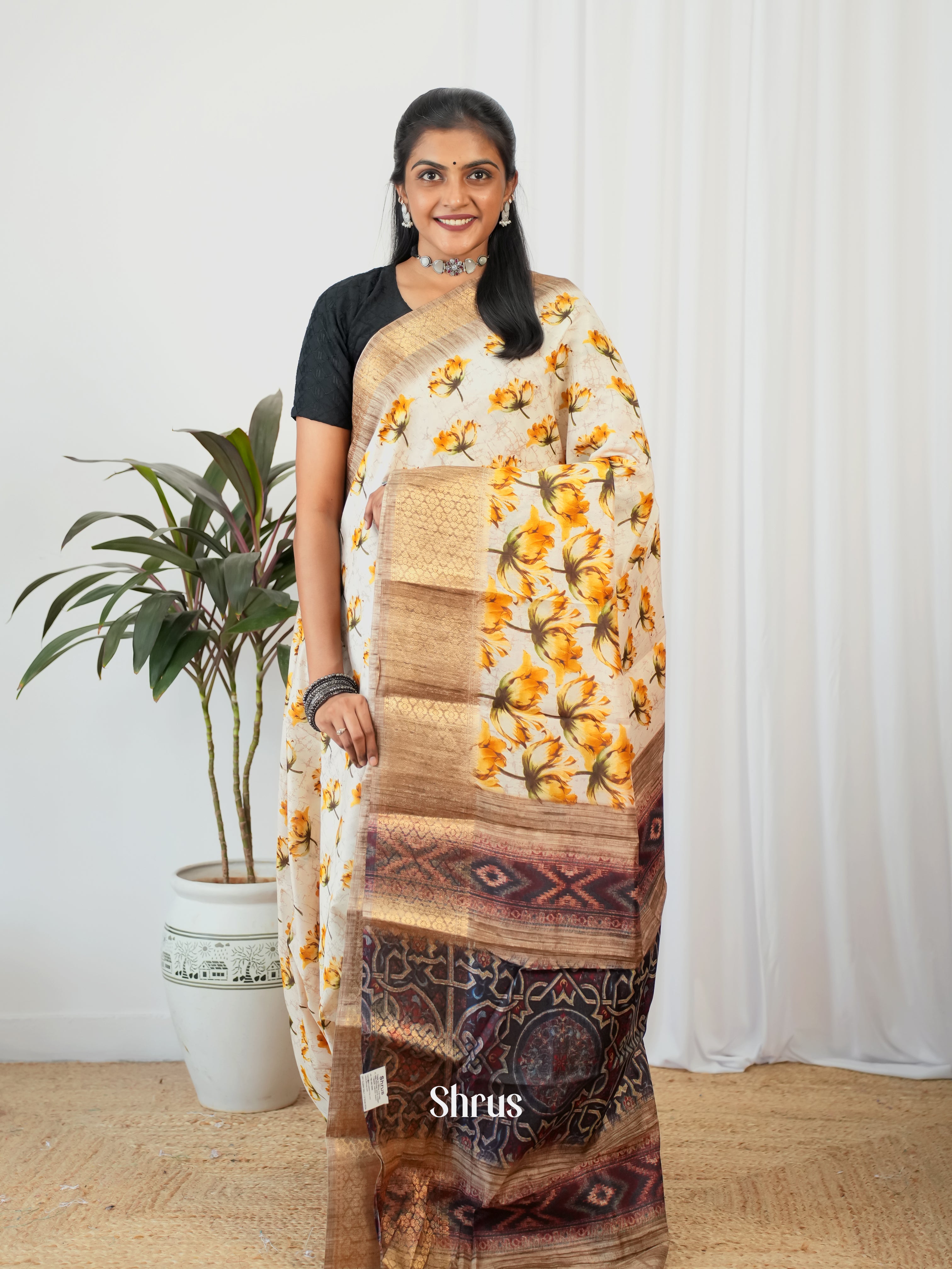 Cream & Brown- Semi Crepe Saree