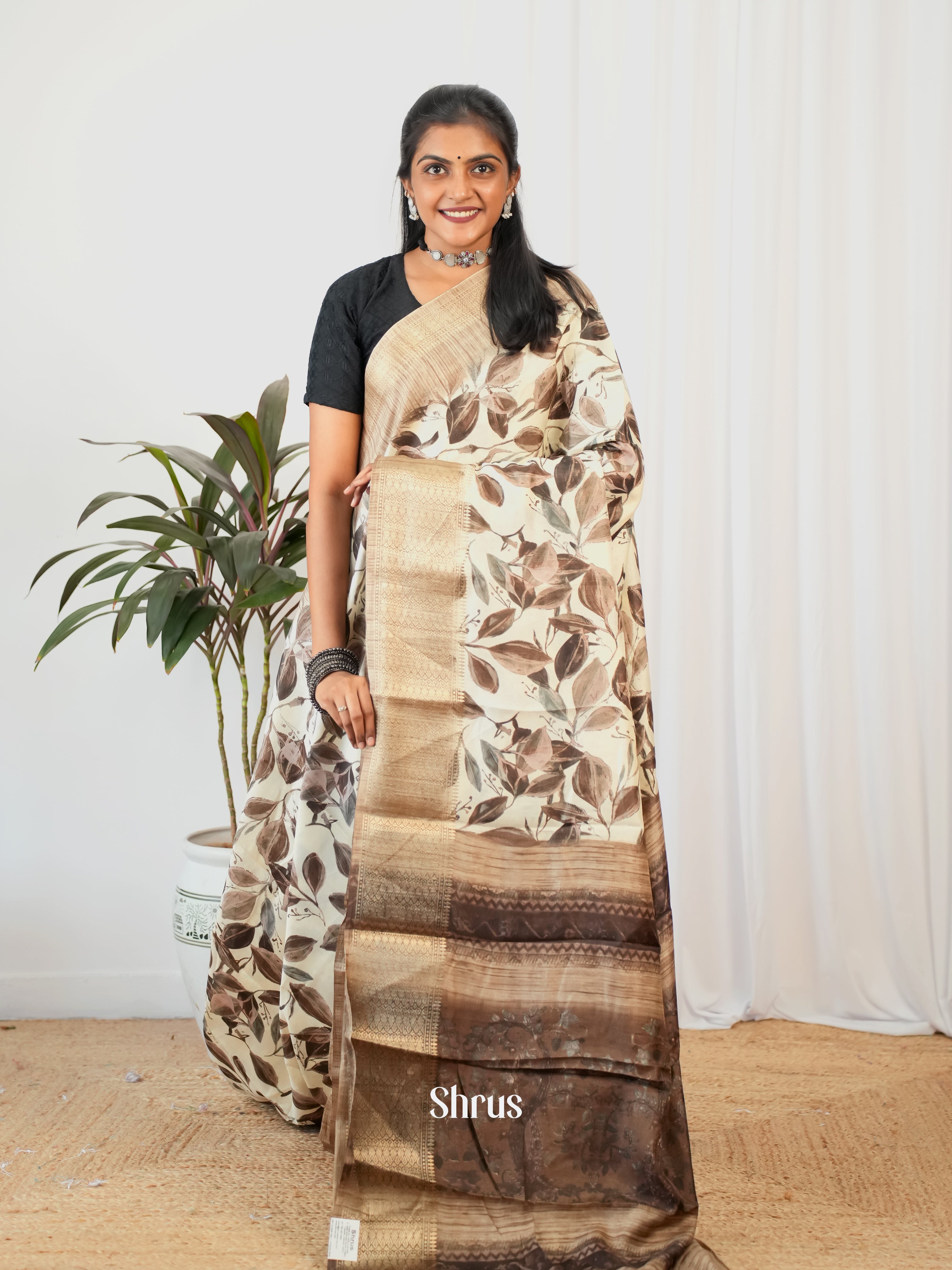 Cream& Brown - Semi Crepe Saree