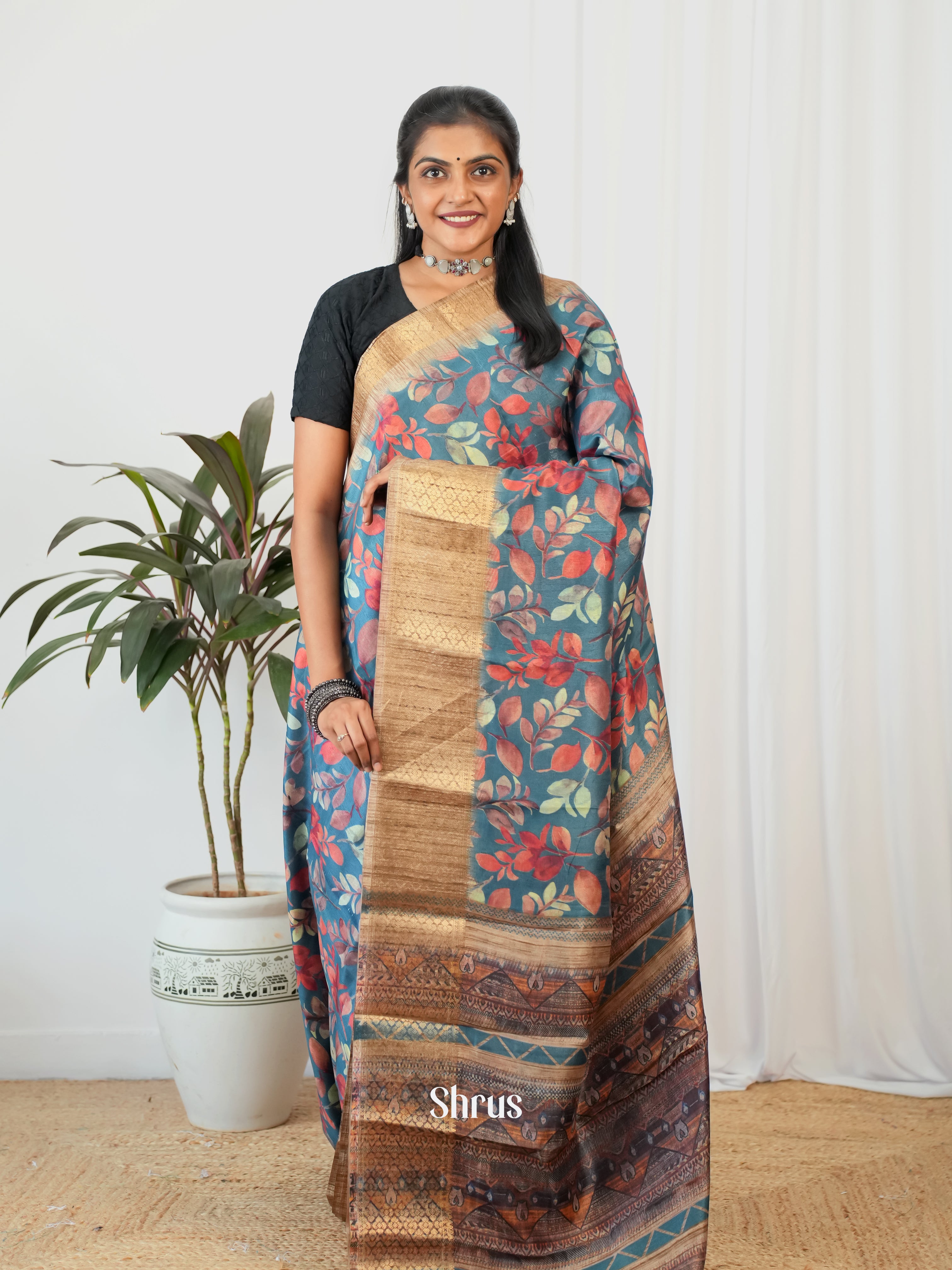 Blue & Beige - Semi Crepe Saree