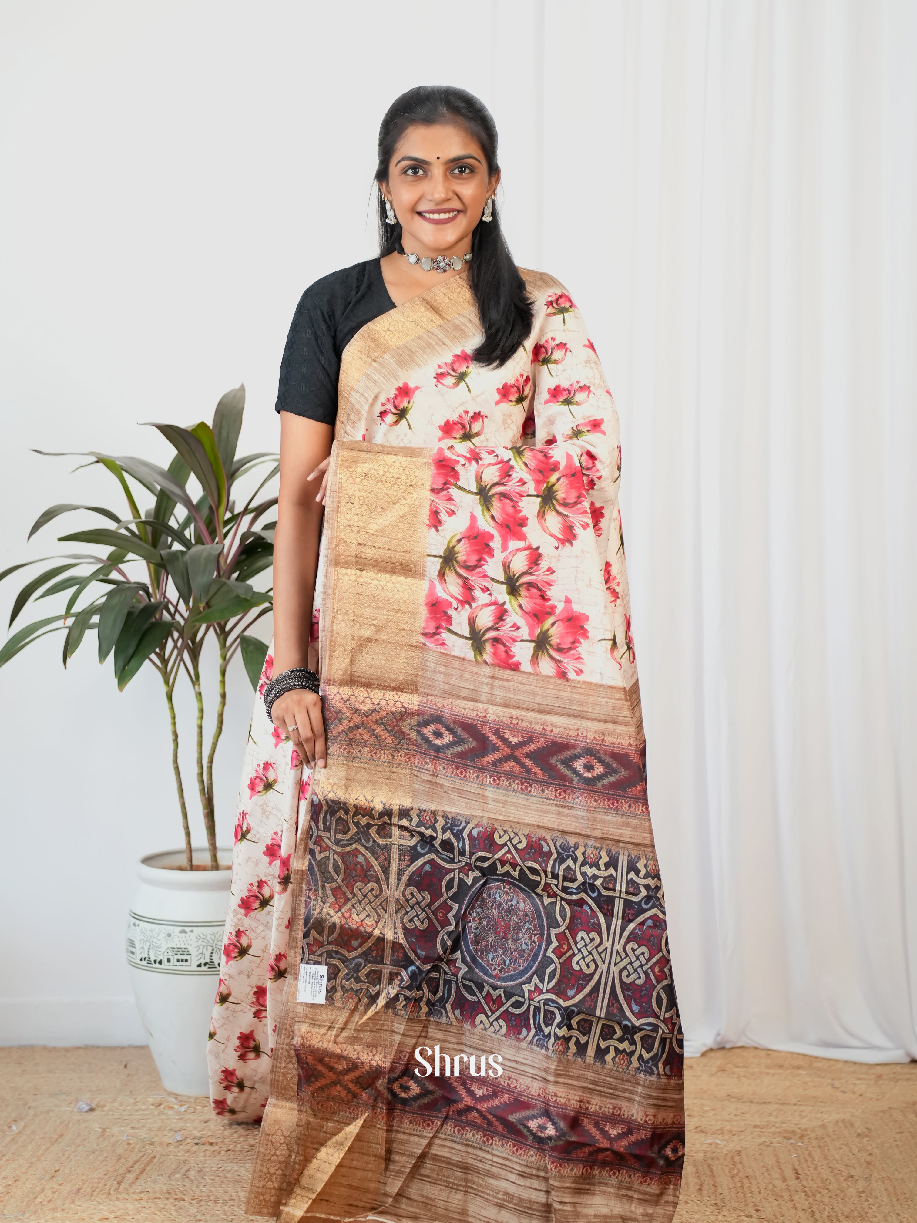 Cream & Brown - Semi Crepe Saree