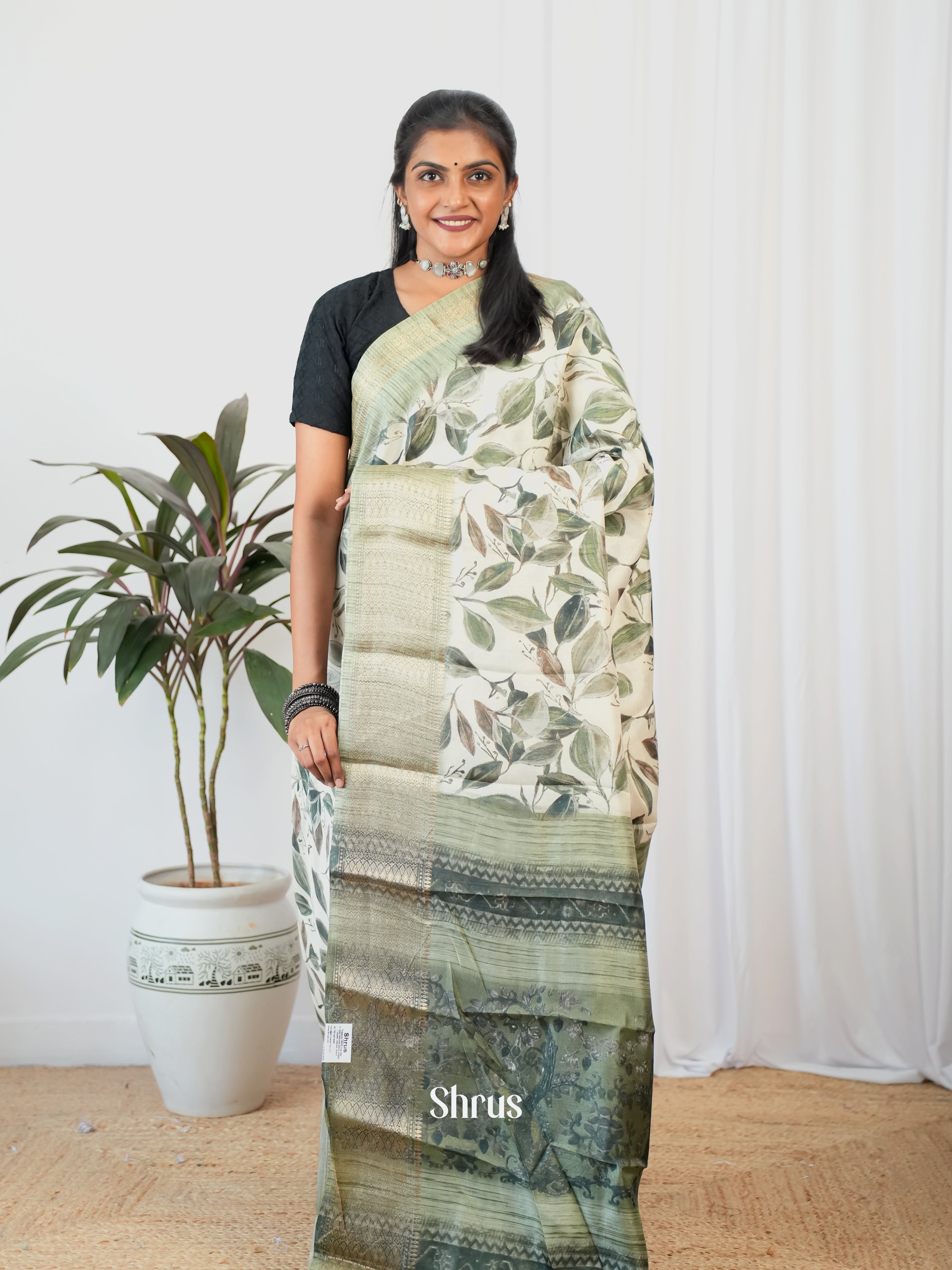 Cream & Grey  - Semi Crepe Saree