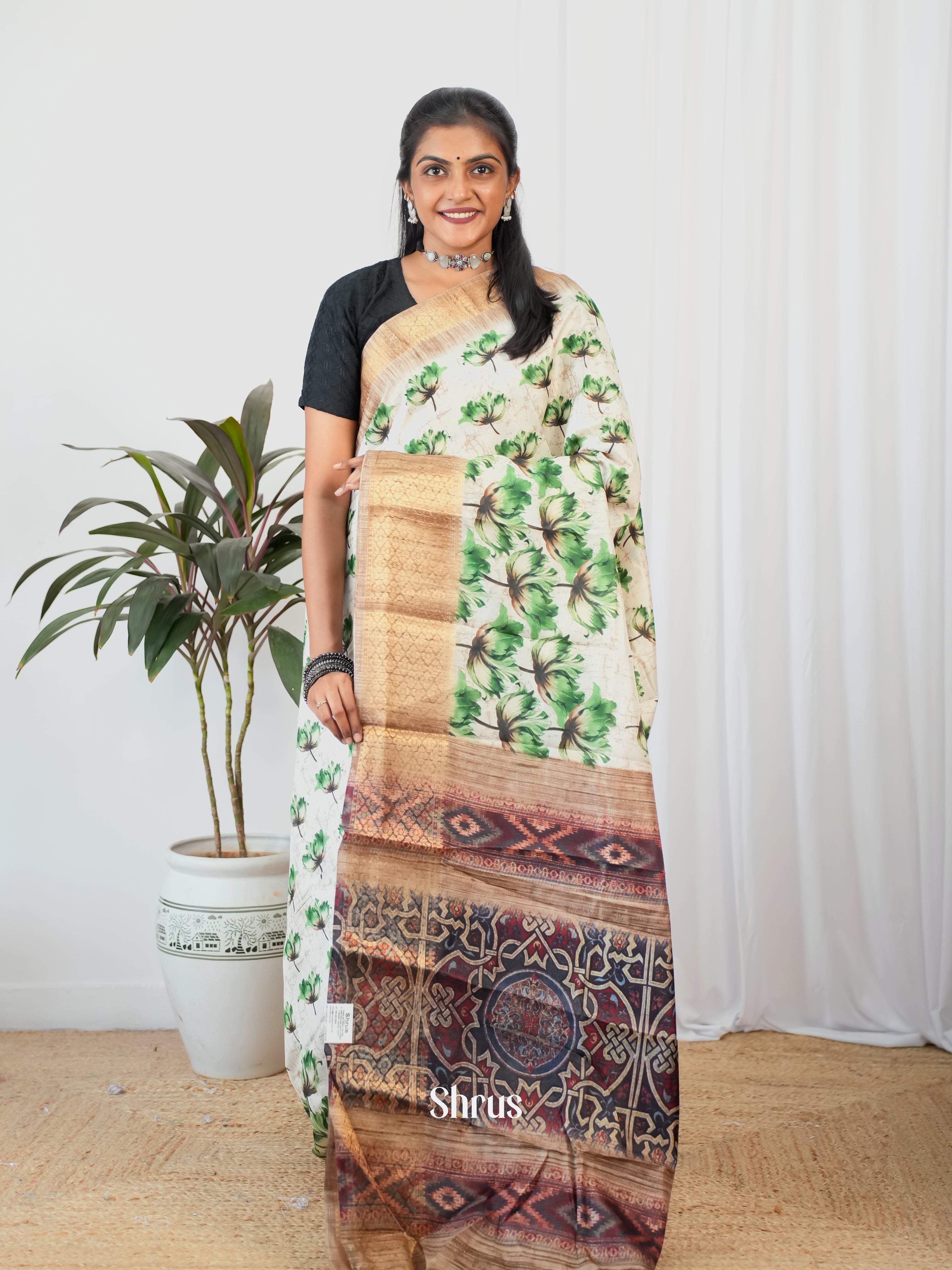 Cream & Green - Semi Crepe Saree