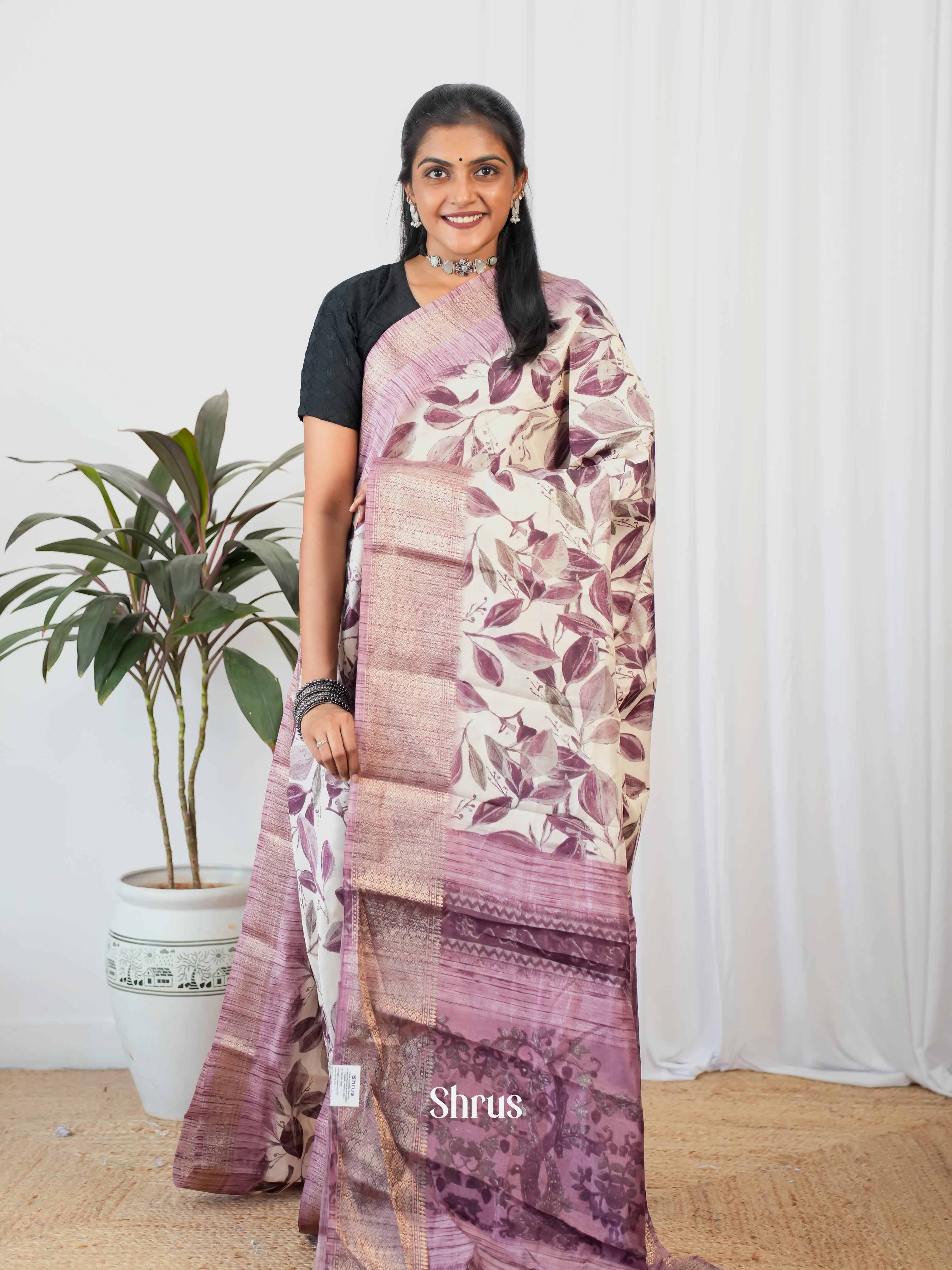 Cream & Purple - Semi Crepe Saree