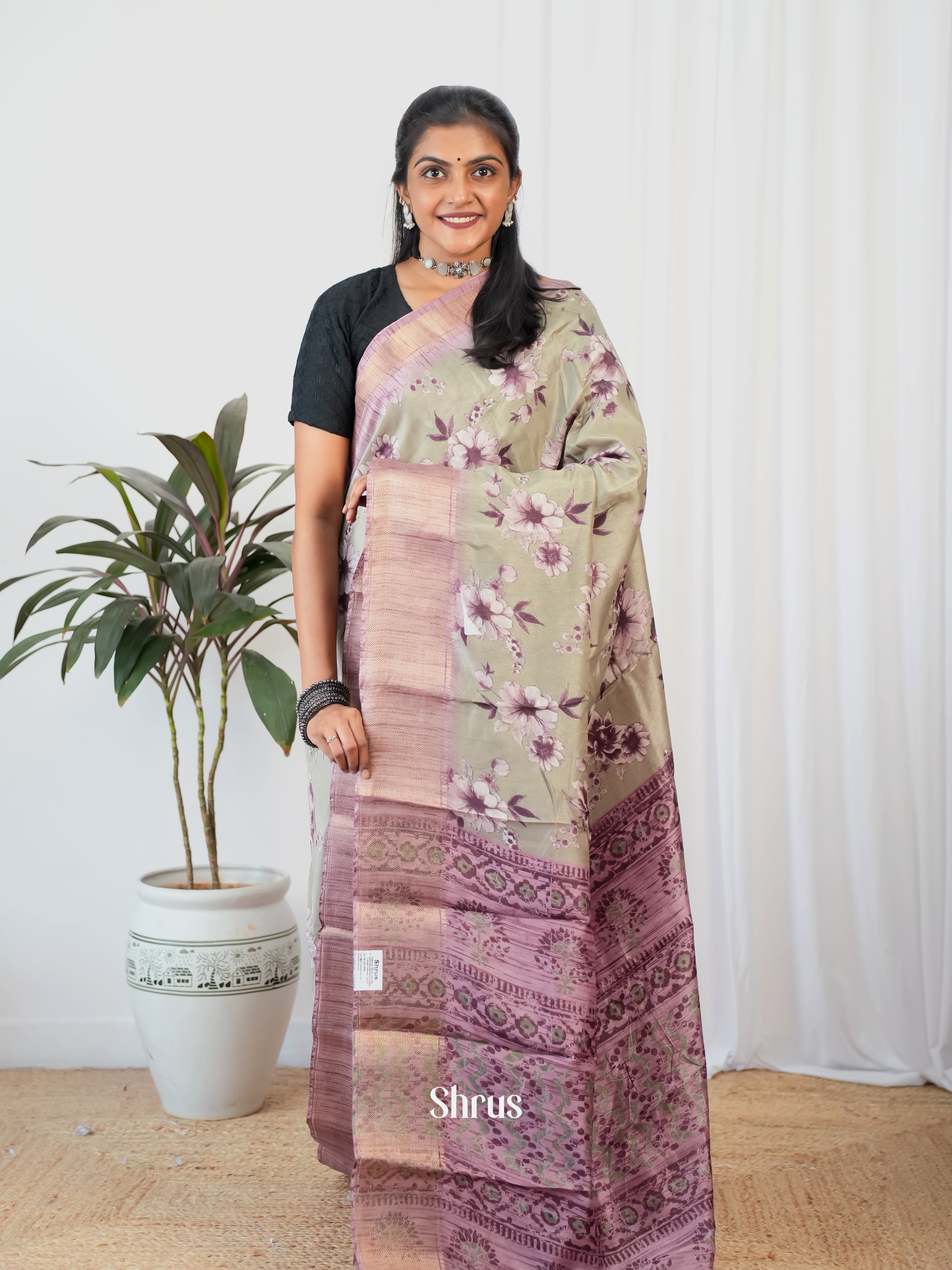 Grey & Purple - Semi Crepe Saree