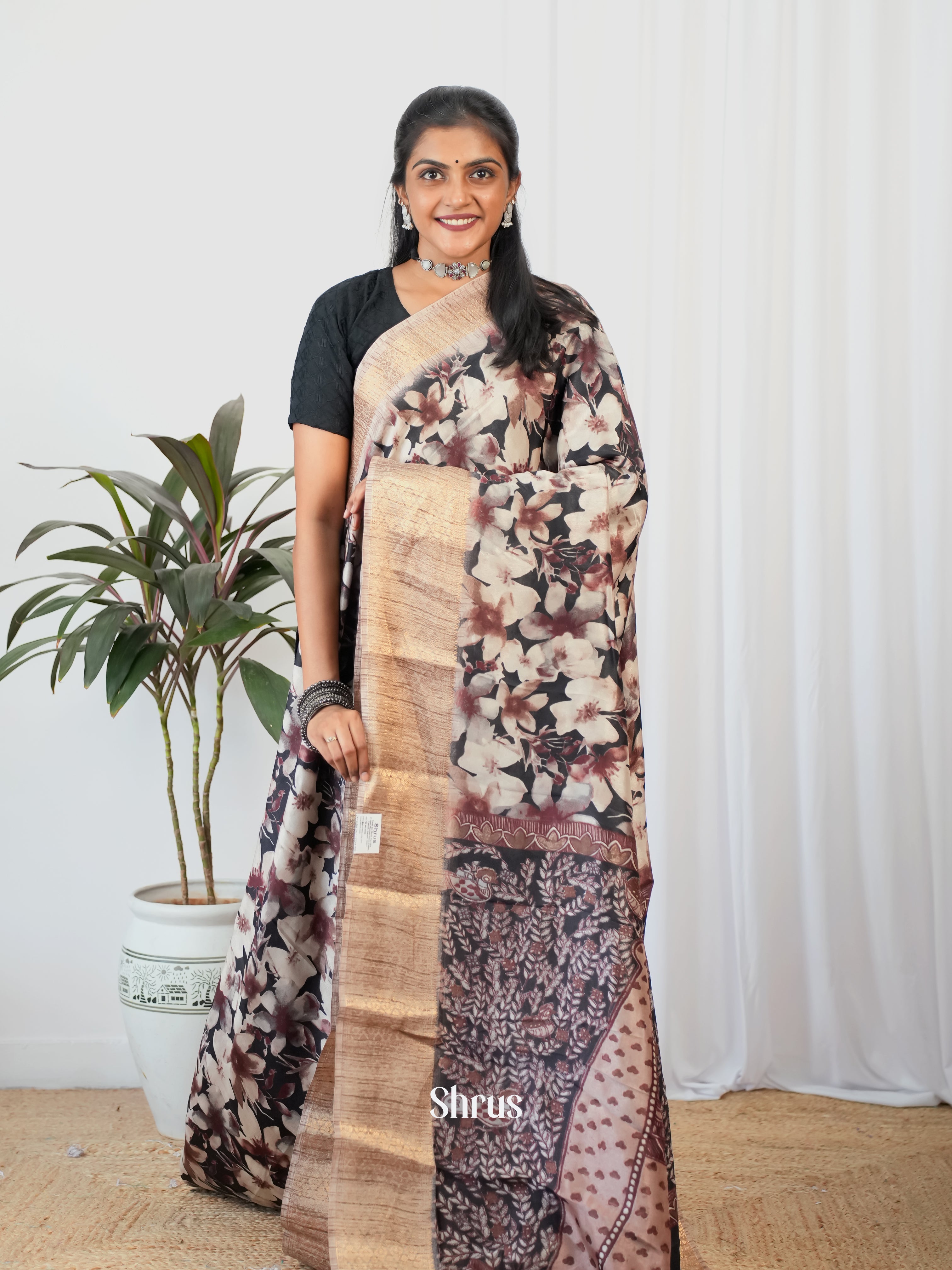 Black & Brown - Semi Crepe Saree