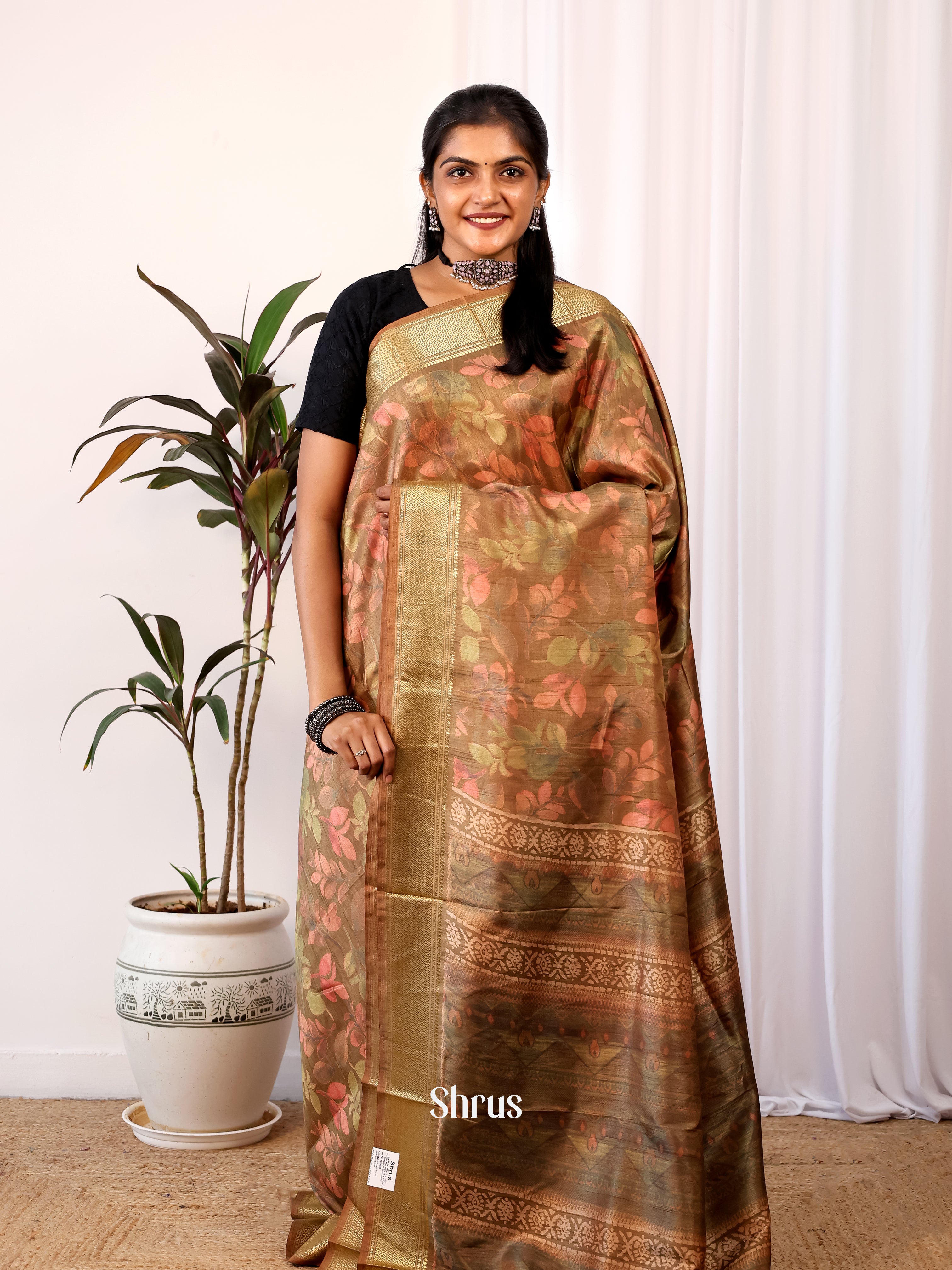 Brown - Semi Crepe Saree