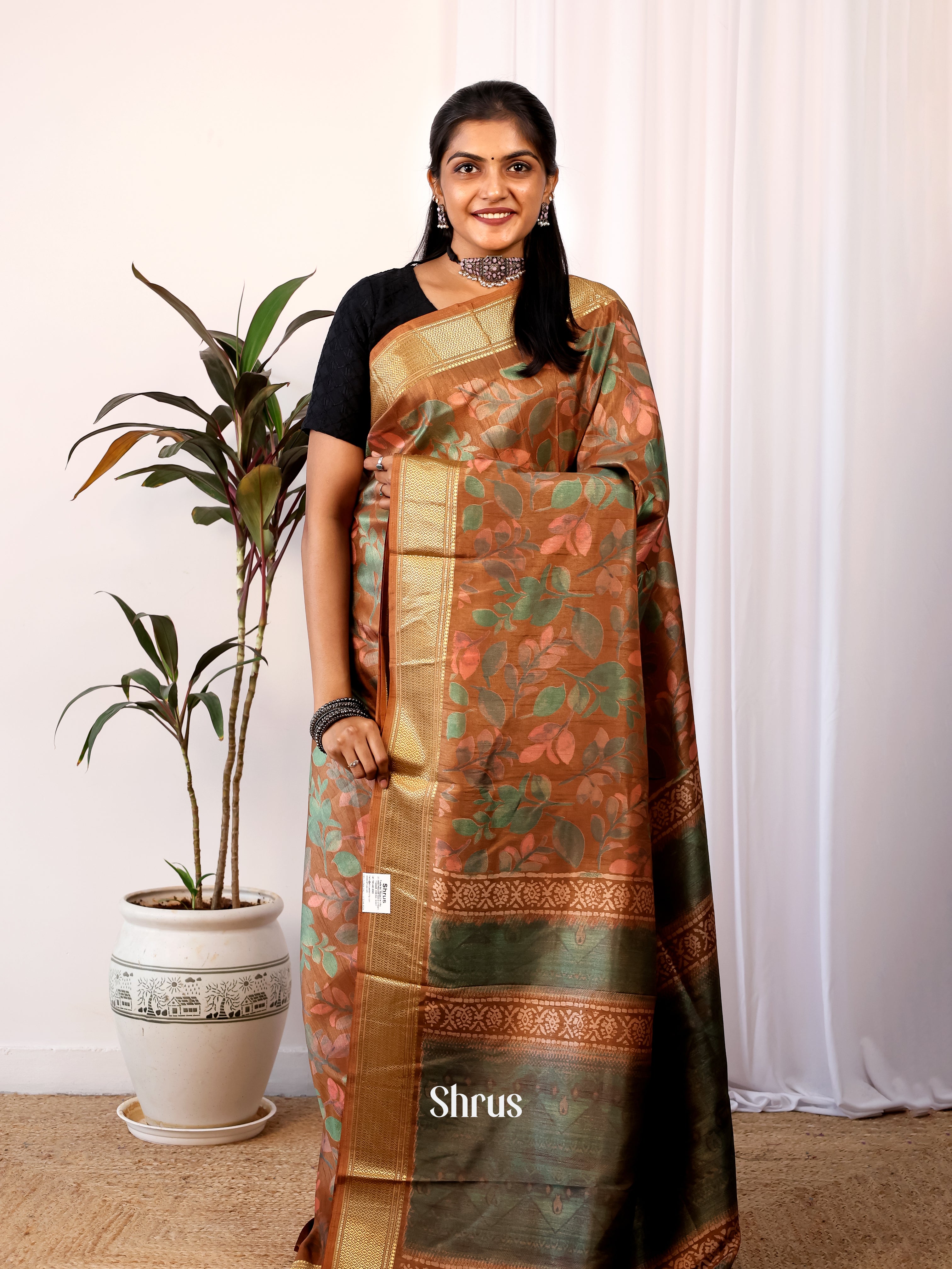 Brown - Semi Crepe Saree