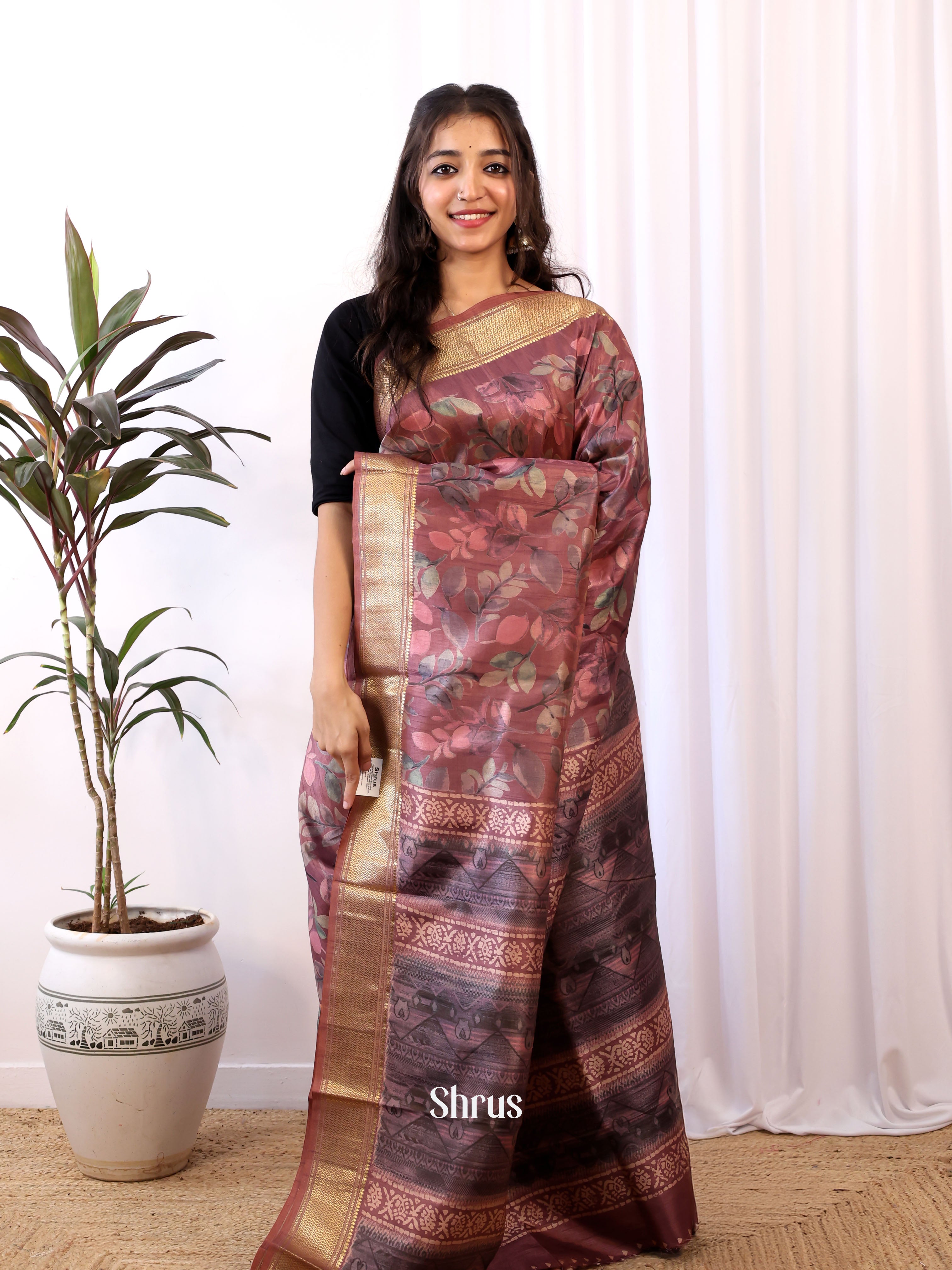 Brown - Semi Crepe Saree