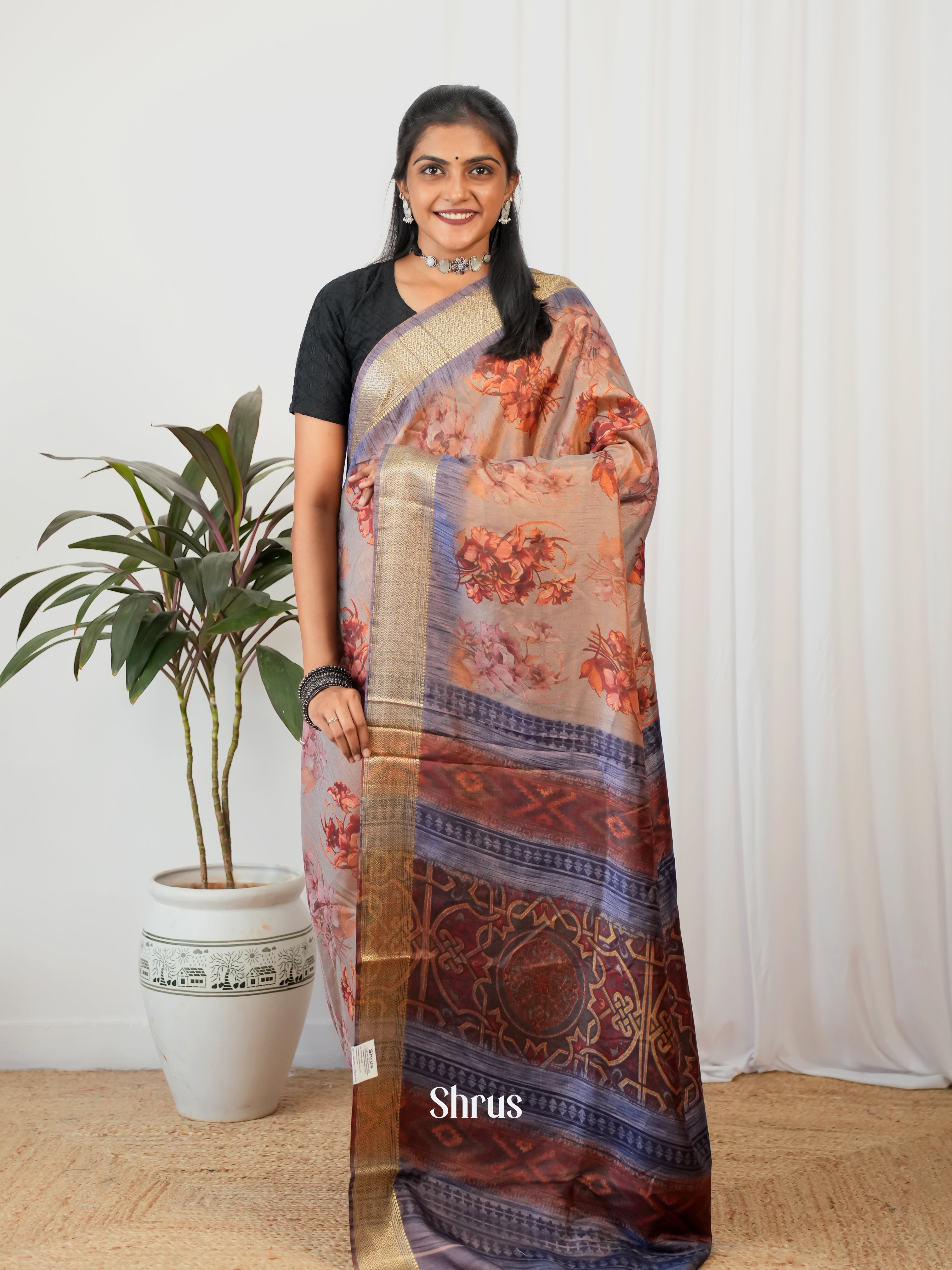 Grey & Purple - Semi Crepe Saree