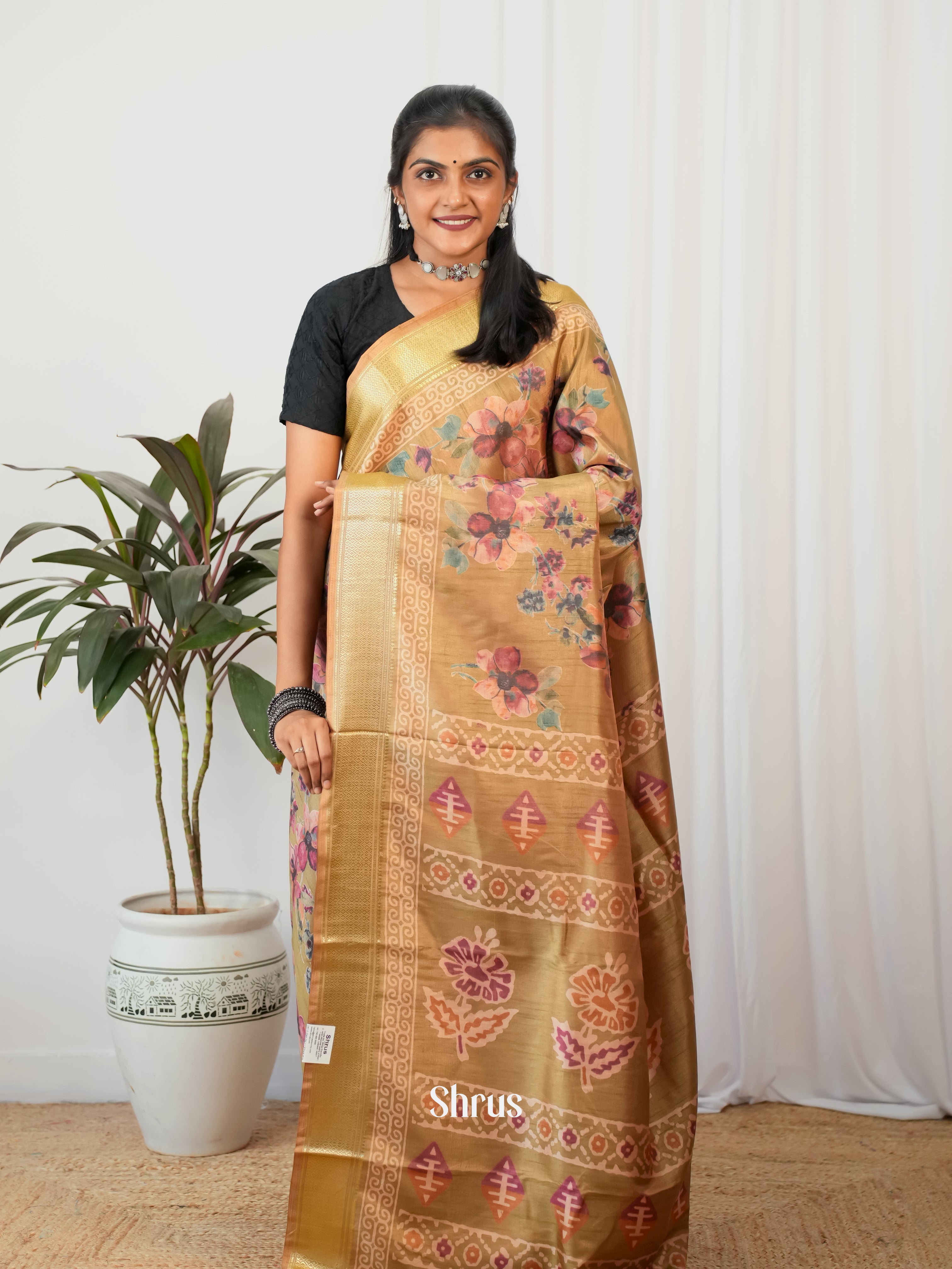 Brown - Semi Crepe Saree