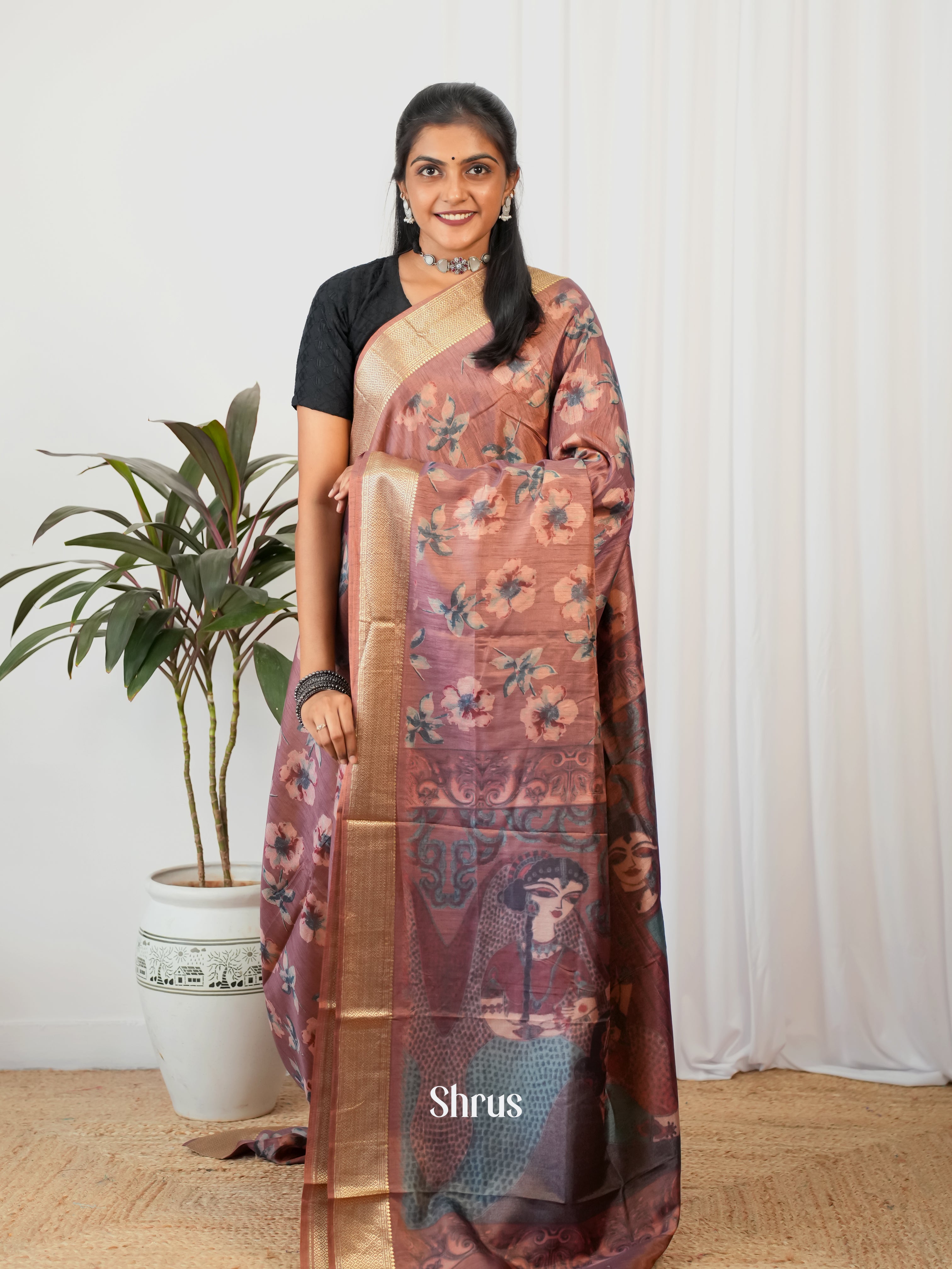 Brown - Semi Crepe Saree