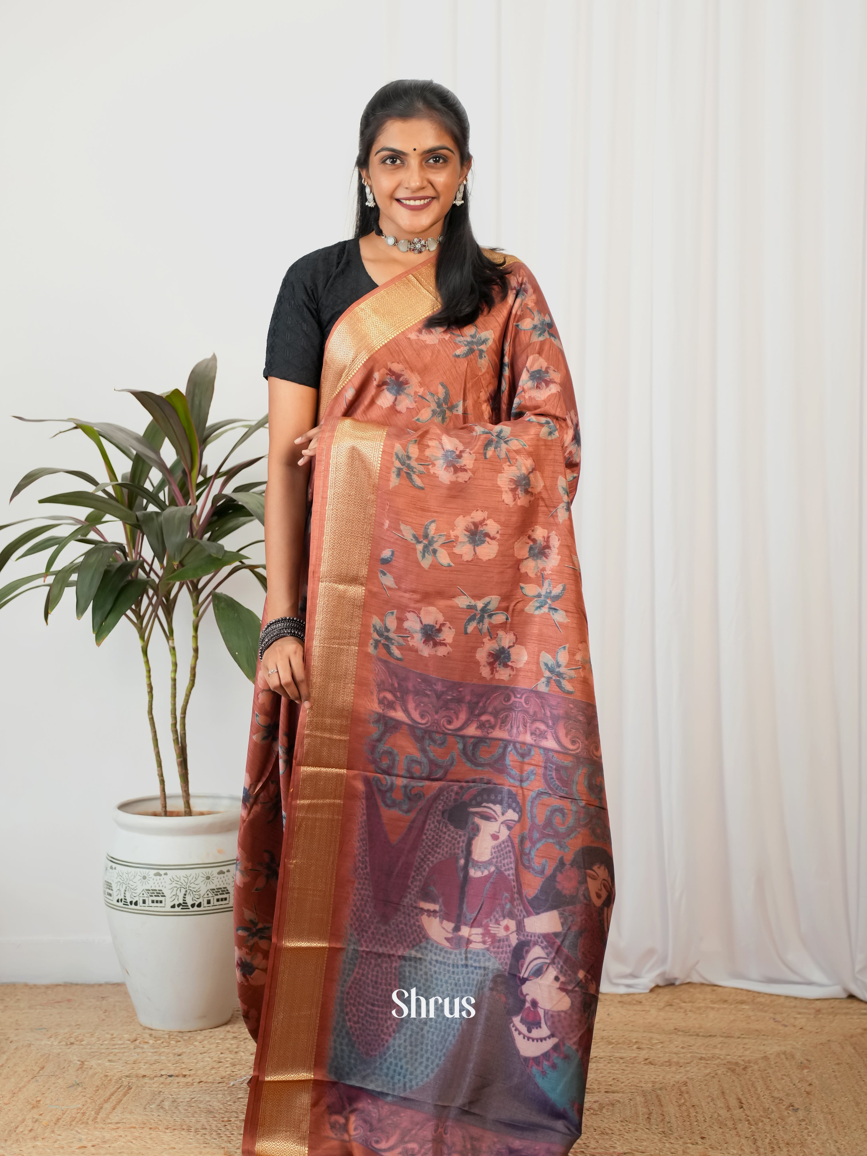 Brown - Semi Crepe Saree