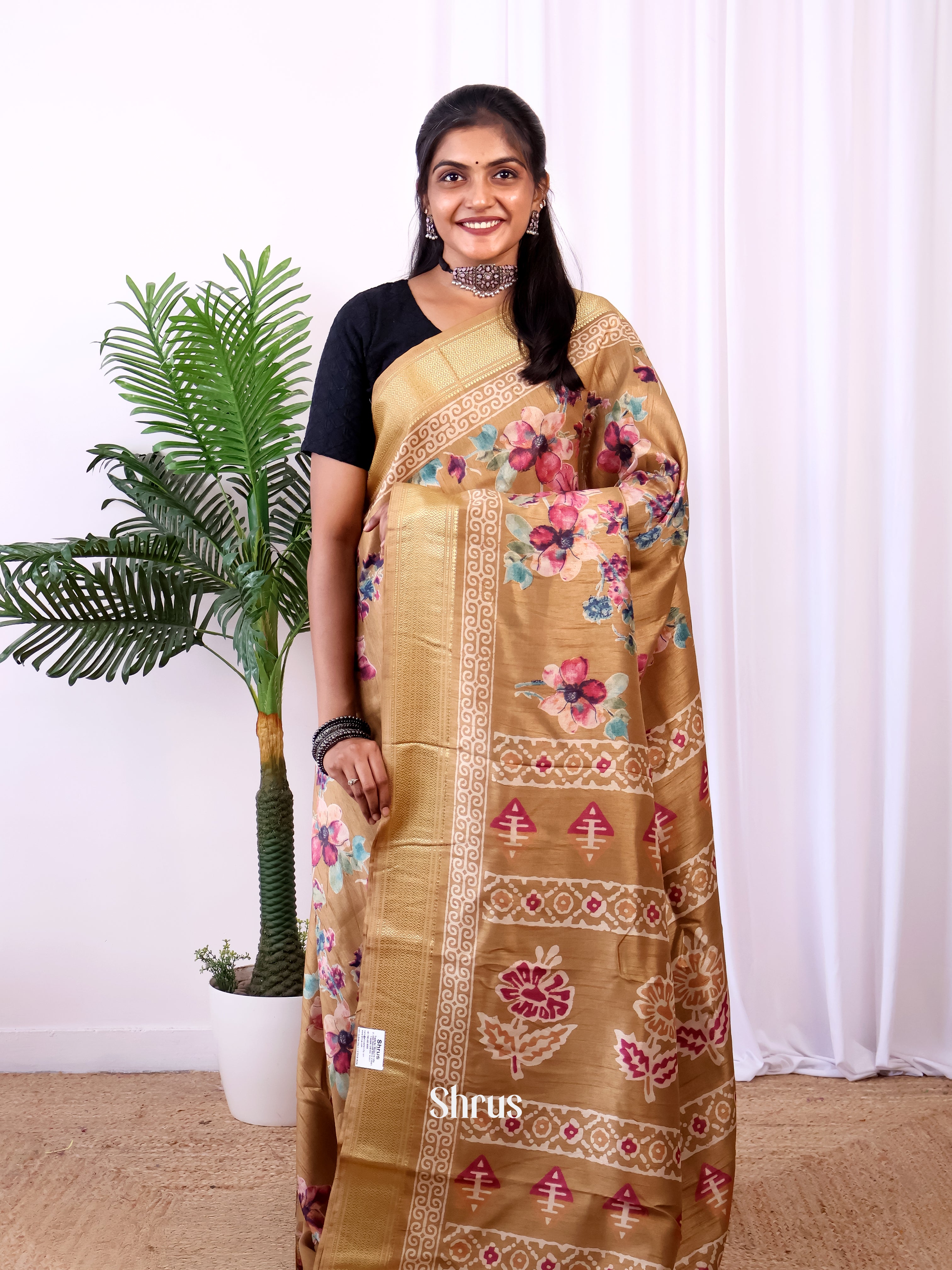 Brown - Semi Crepe Saree