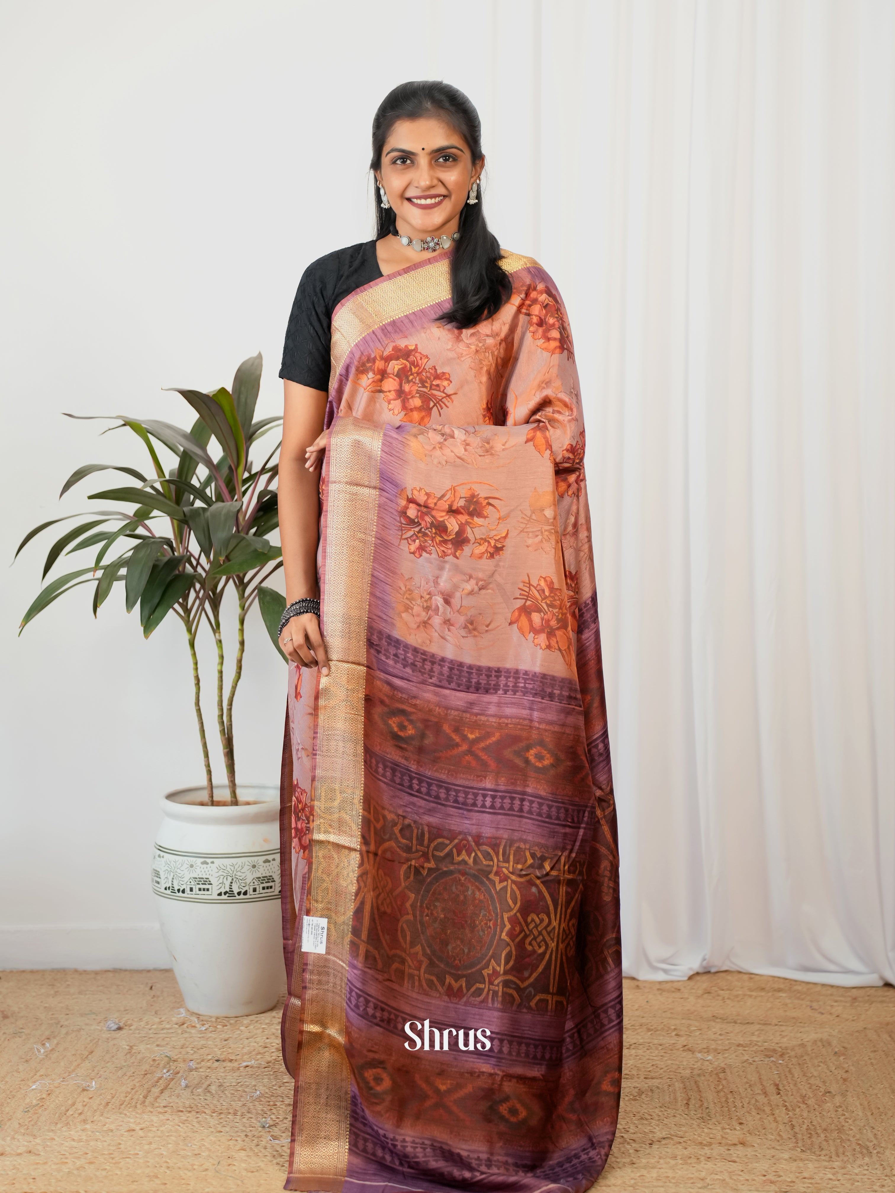 Brown & Purple - Semi Crepe Saree