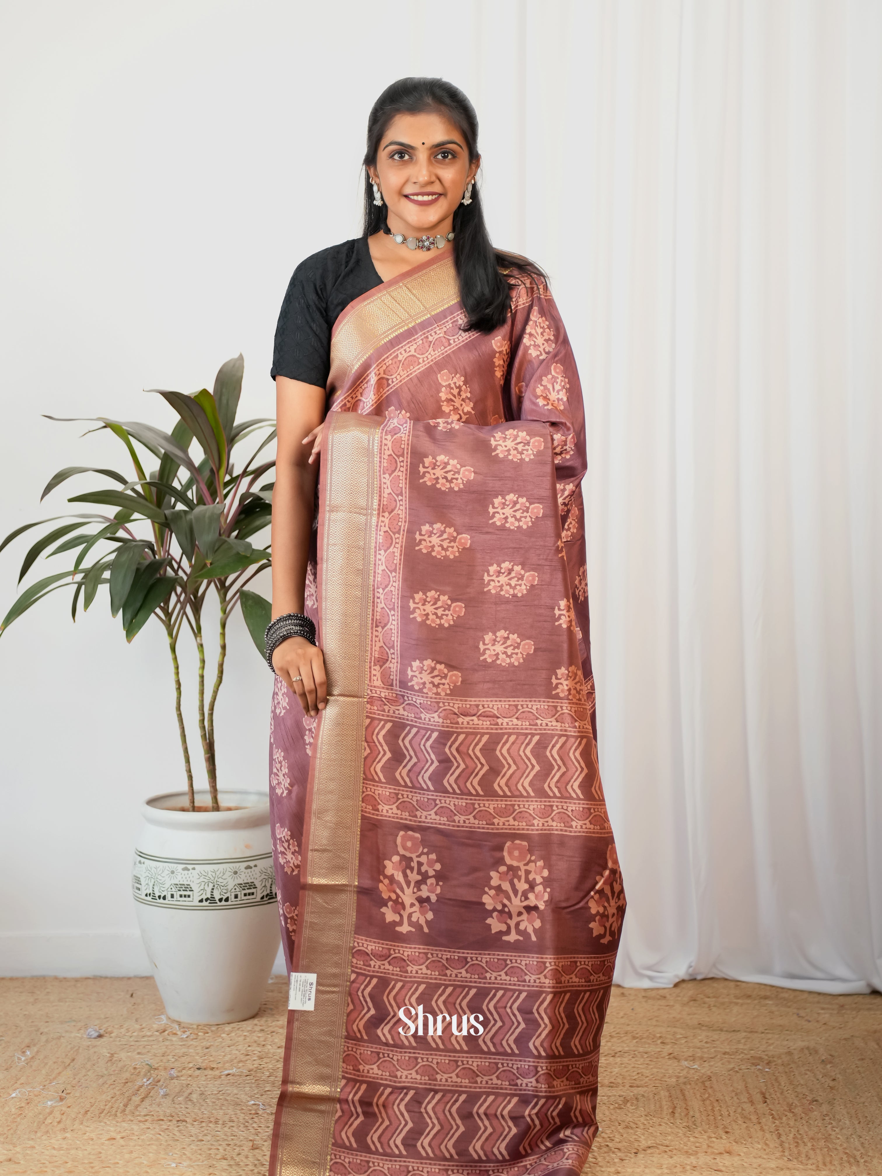 Brown - Semi Crepe Saree