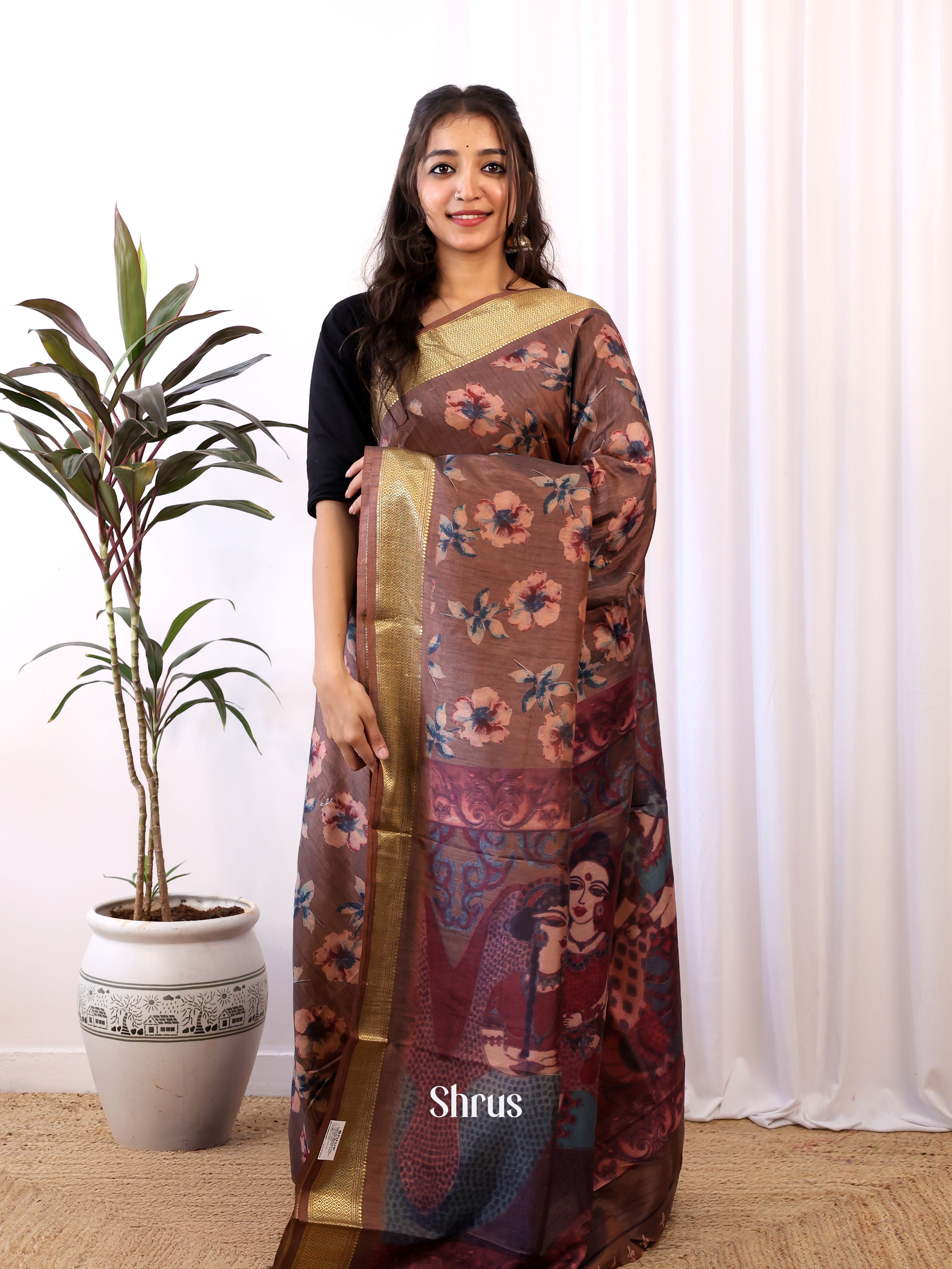 Brown - Semi Crepe Saree