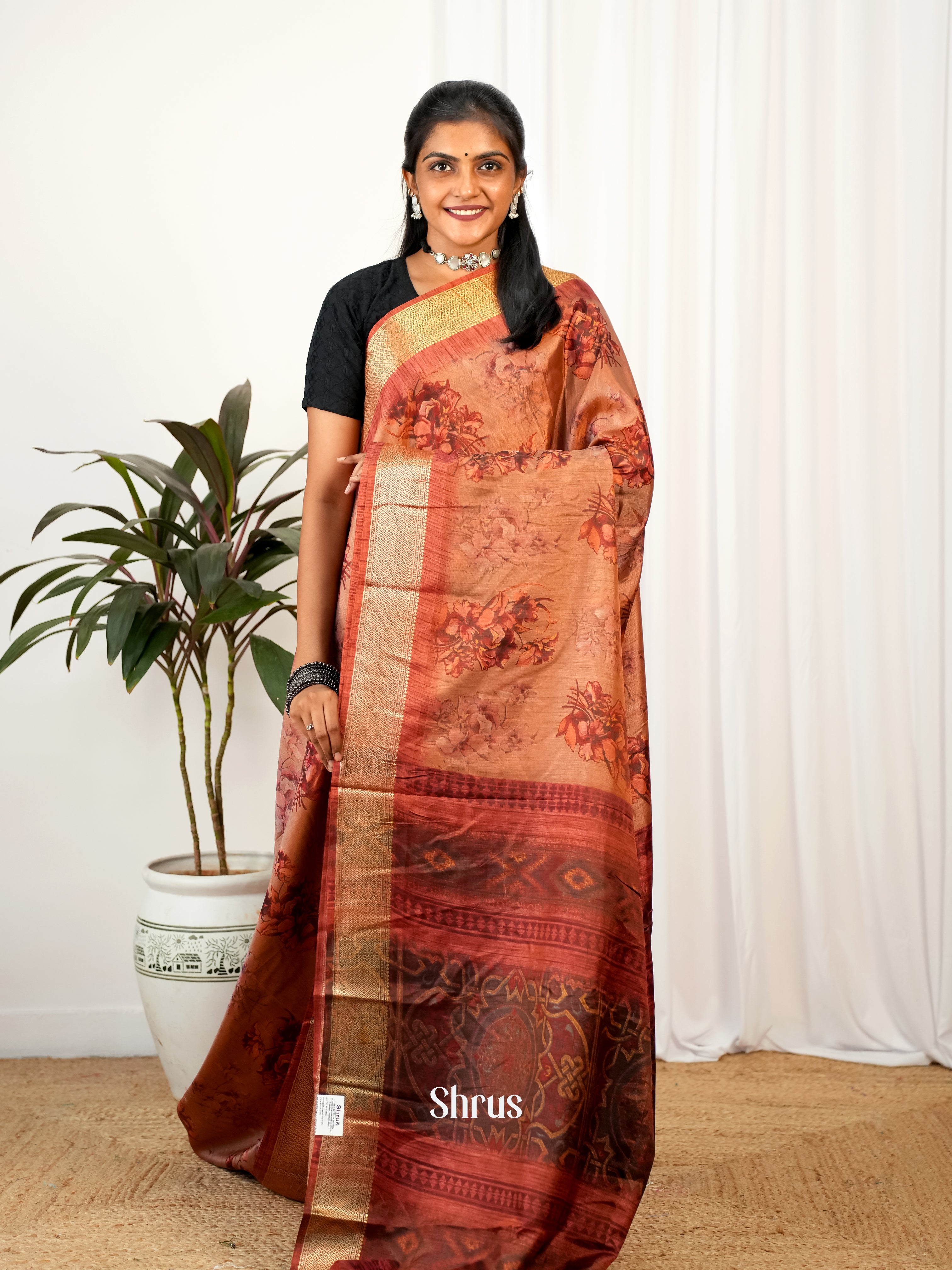 Brown - Semi Crepe Saree