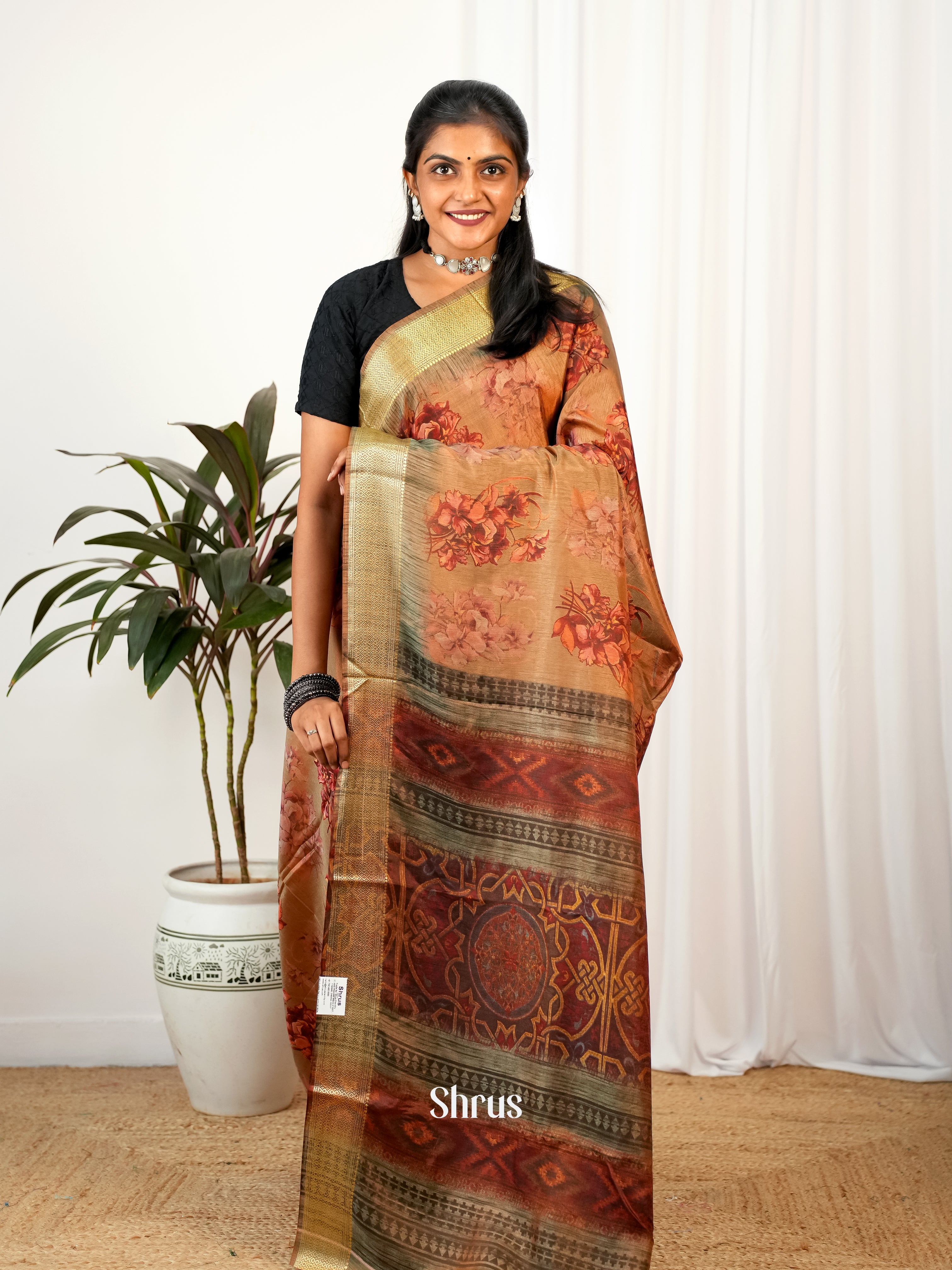 Brown - Semi Crepe Saree