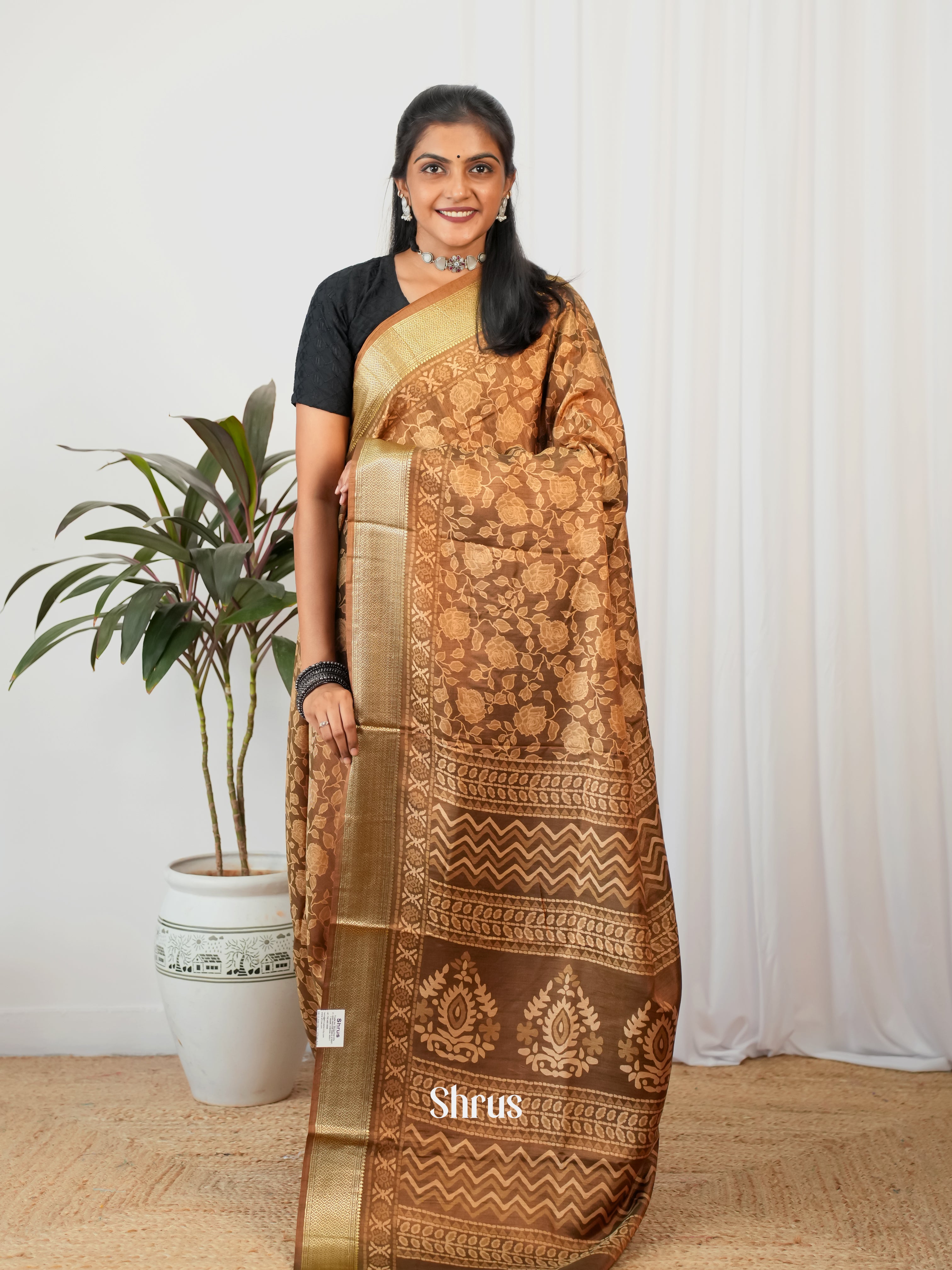 Brown - Semi Crepe Saree