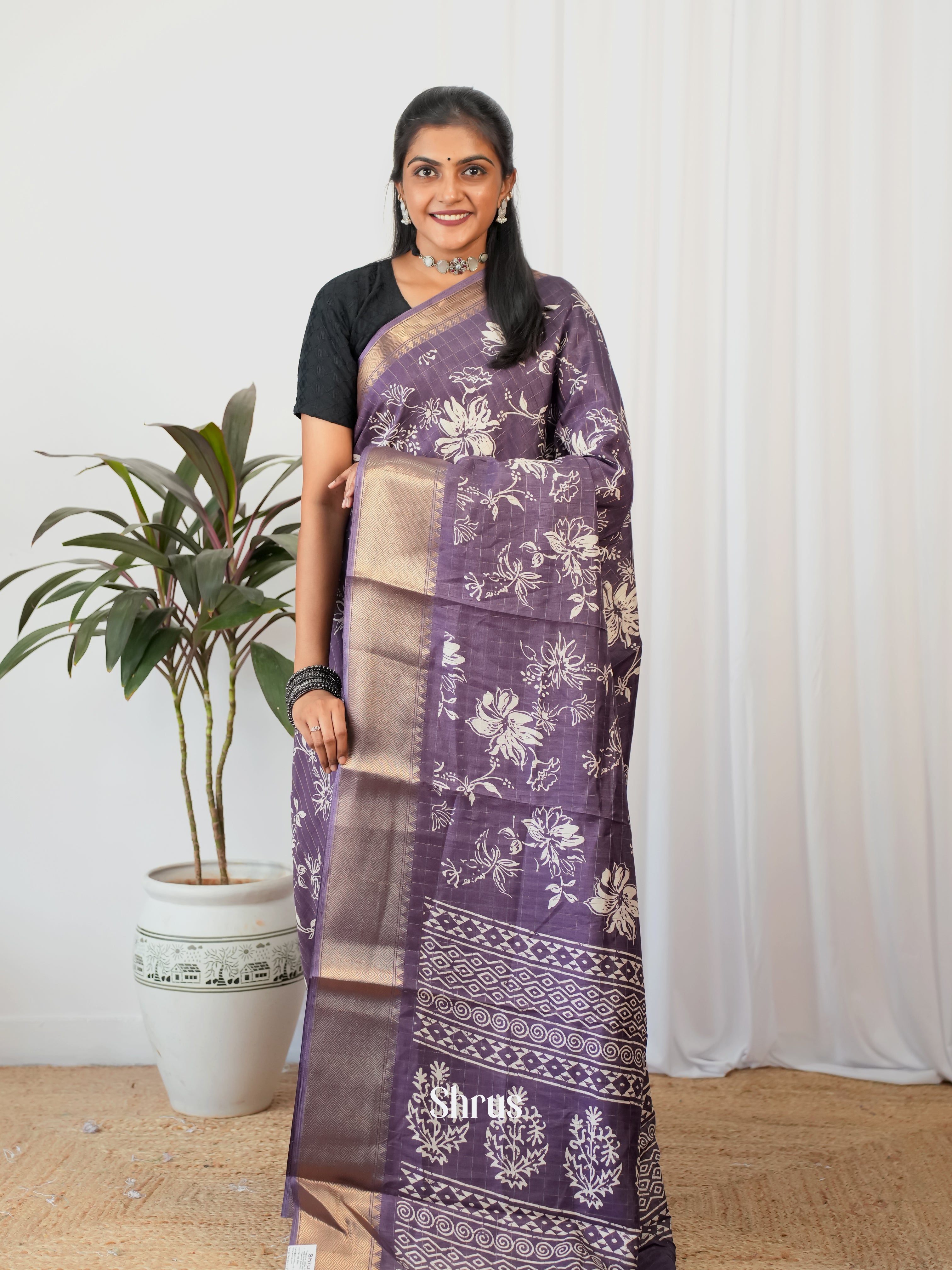 Purple - Semi Crepe Saree