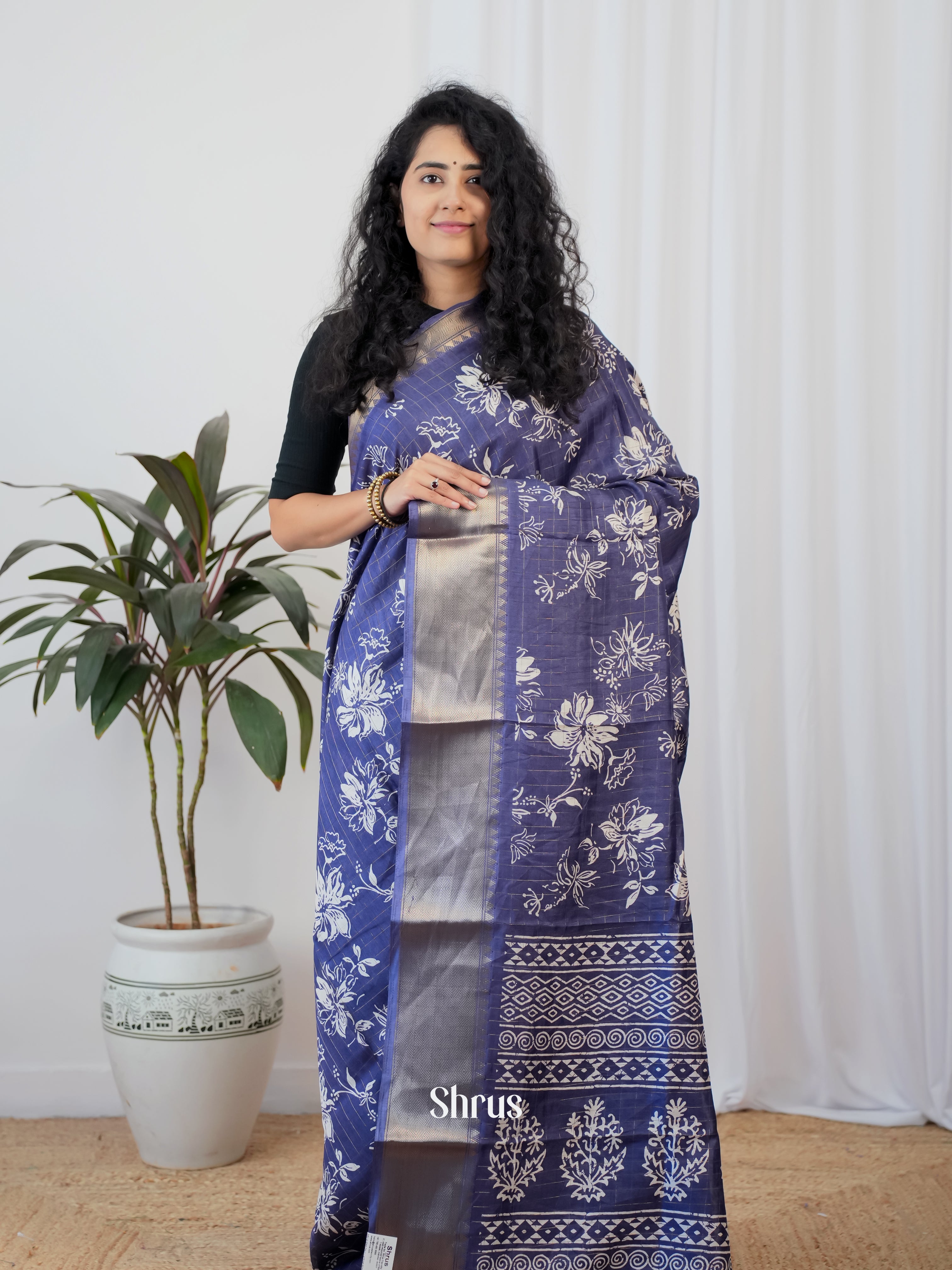 Blue  - Semi Crepe Saree