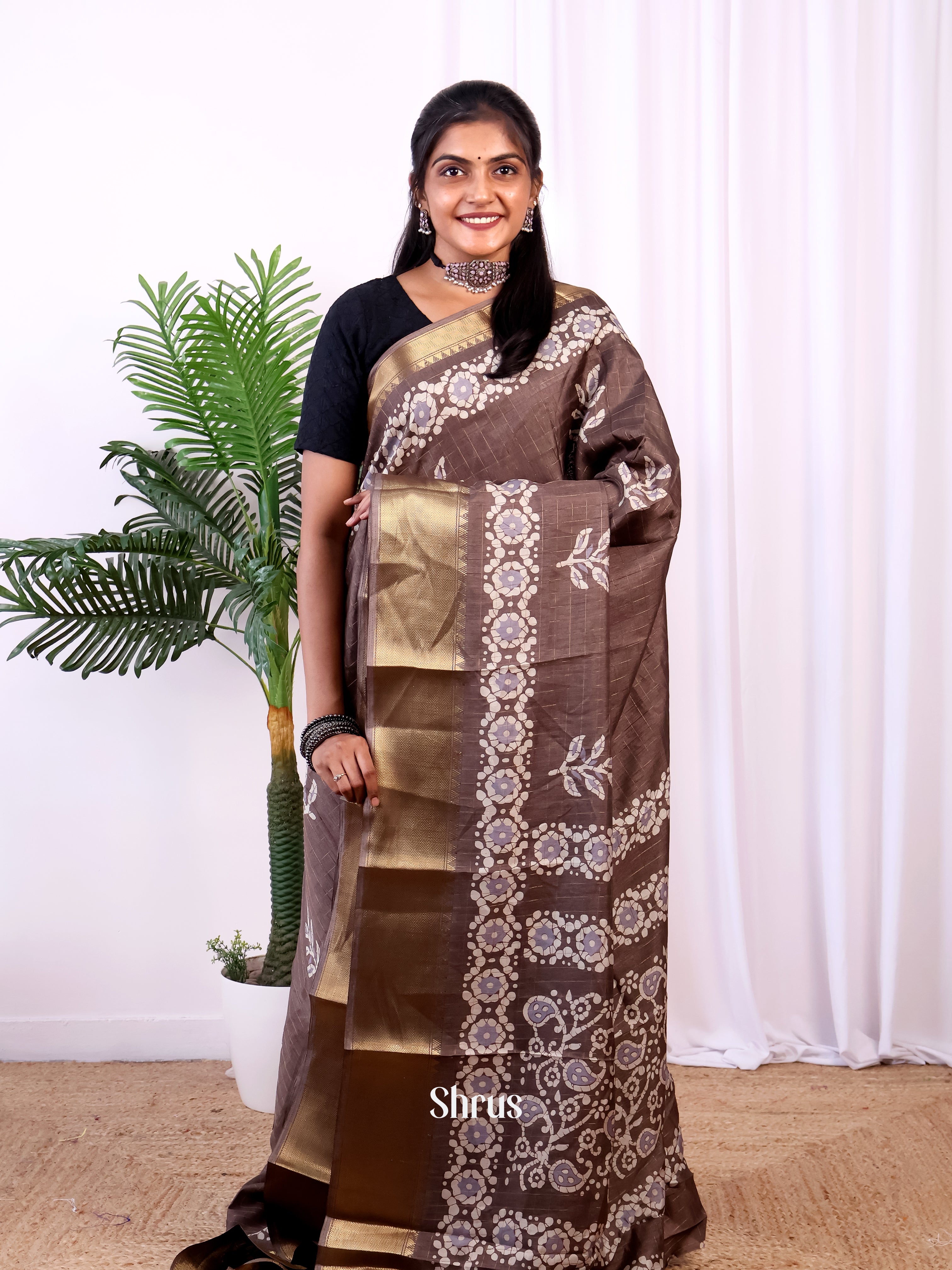 Brown  - Semi Crepe Saree