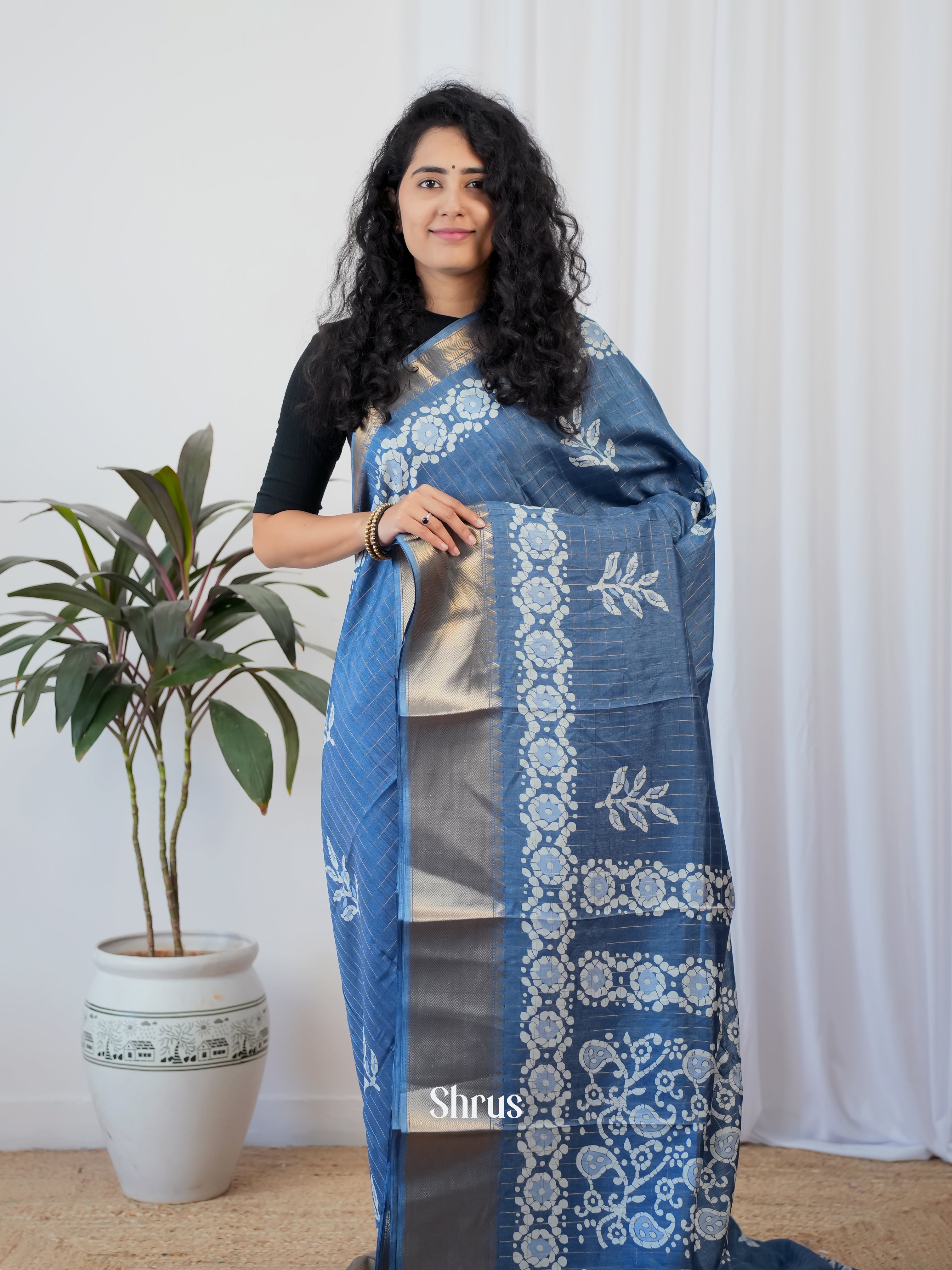 Blue - Semi Crepe Saree