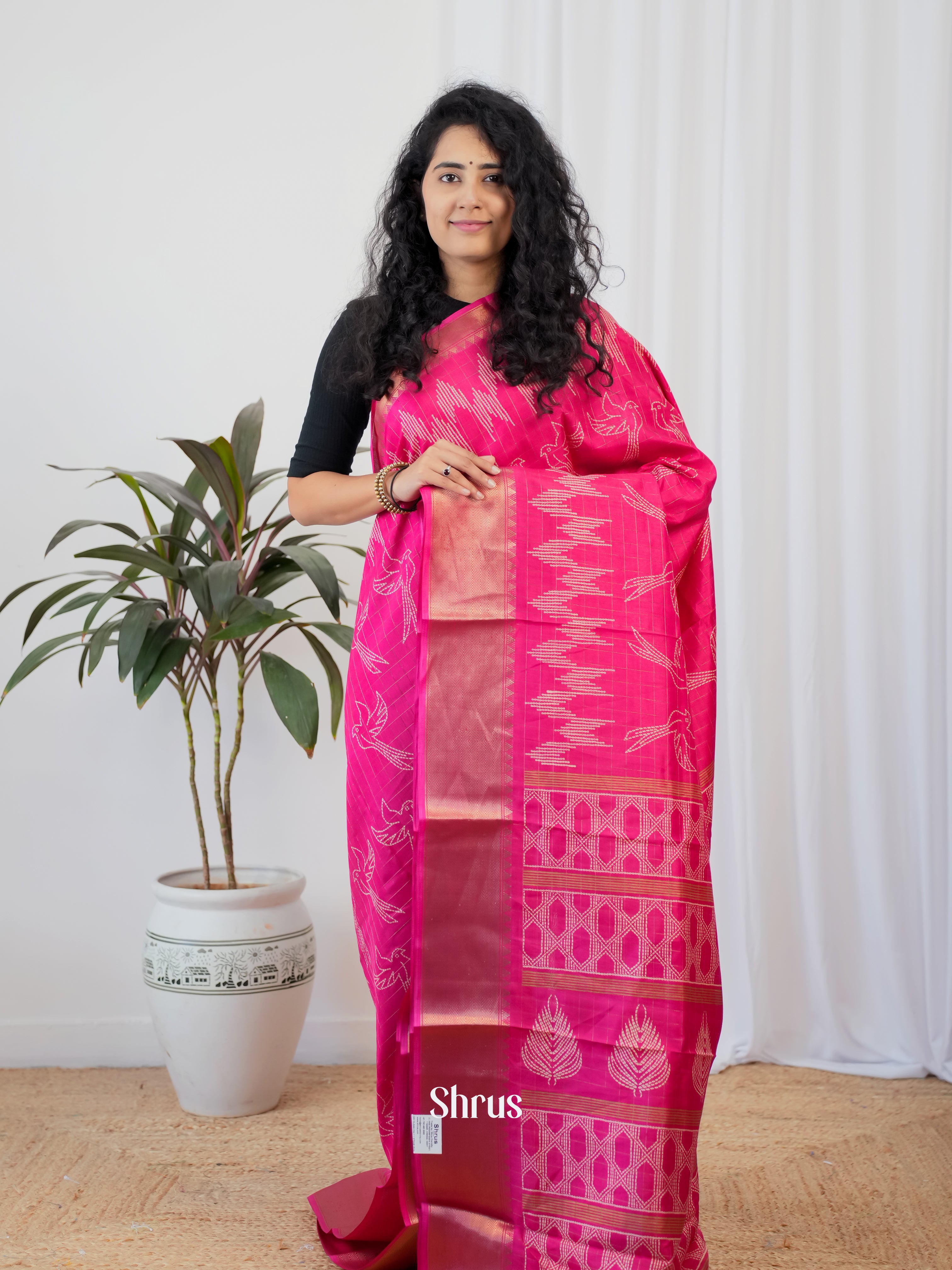 Pink - Semi Crepe Saree