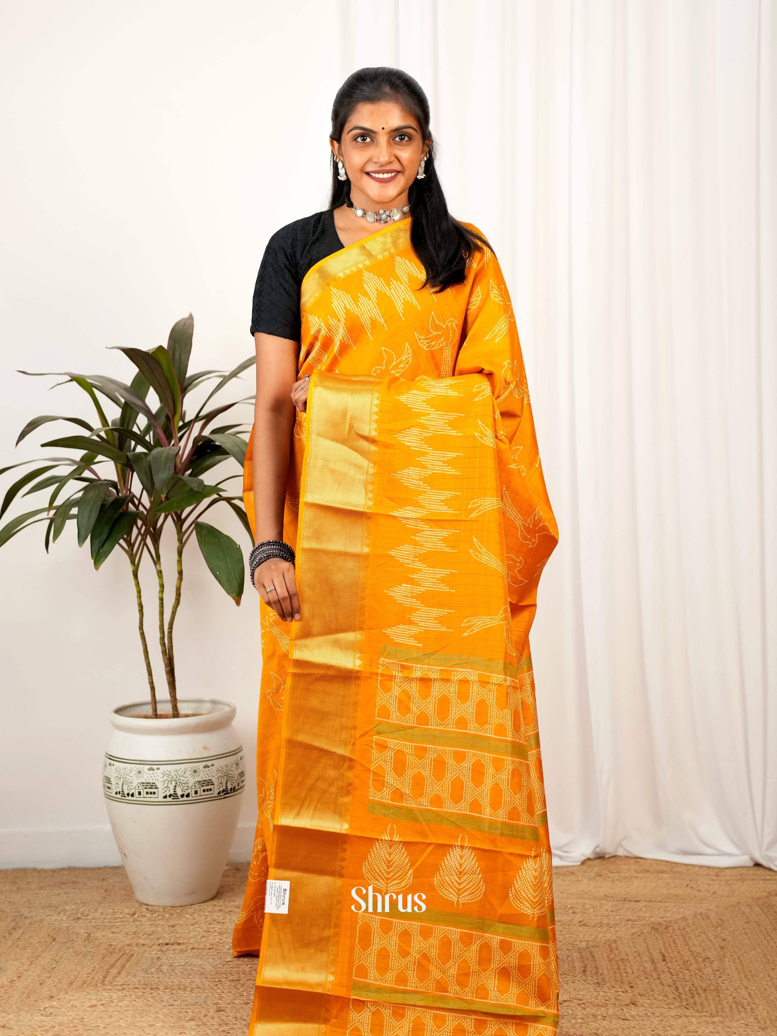 Orange - Semi Crepe Saree