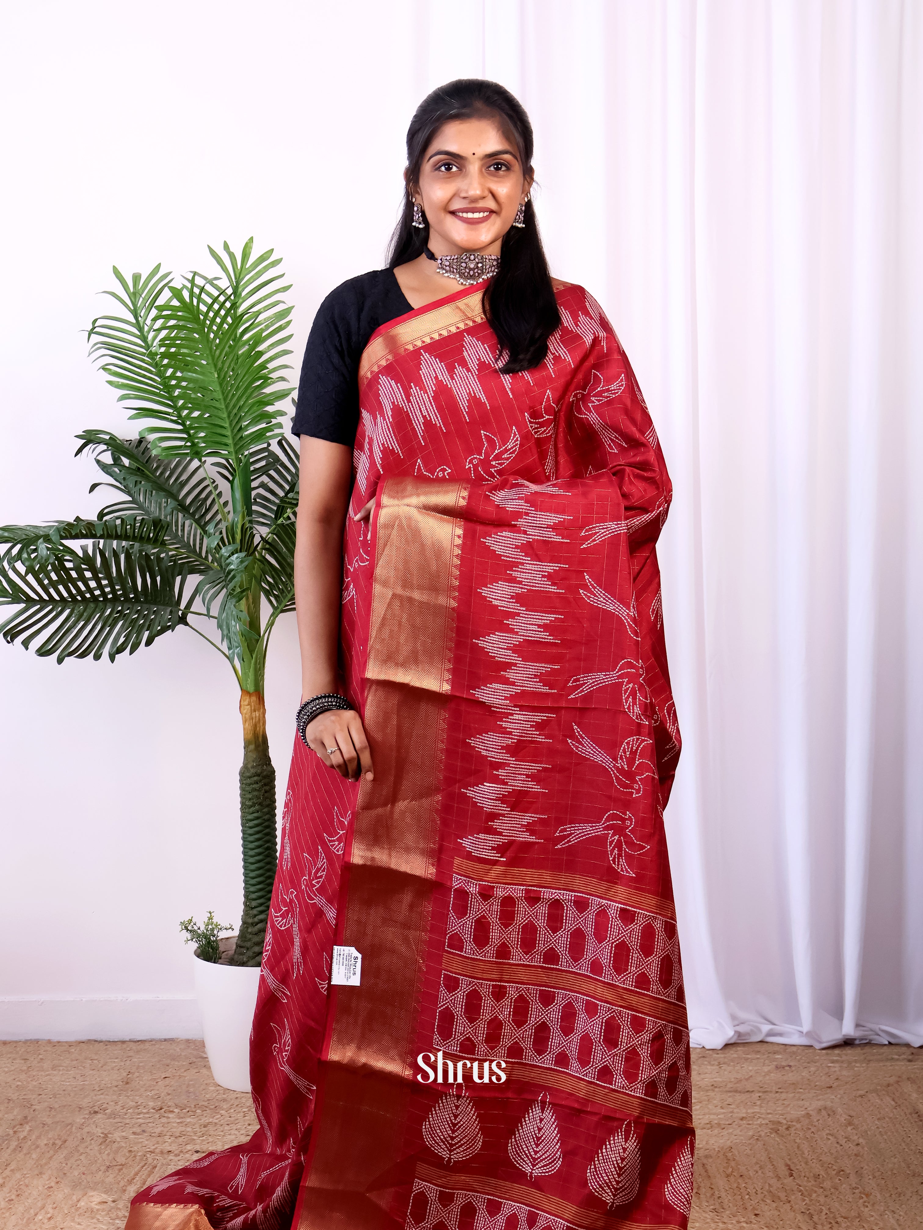 Red - Semi Crepe Saree