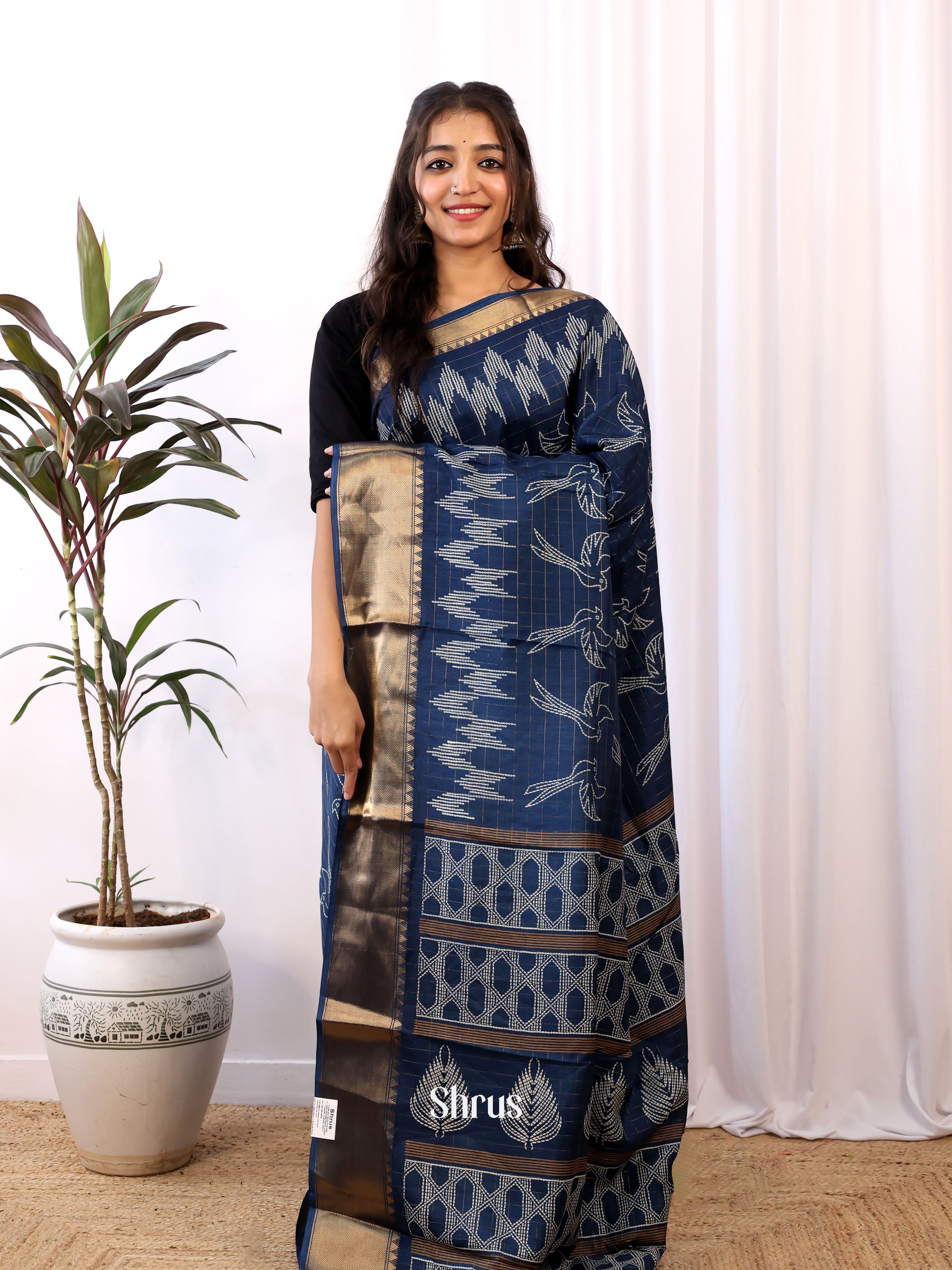 Blue - Semi Crepe Saree