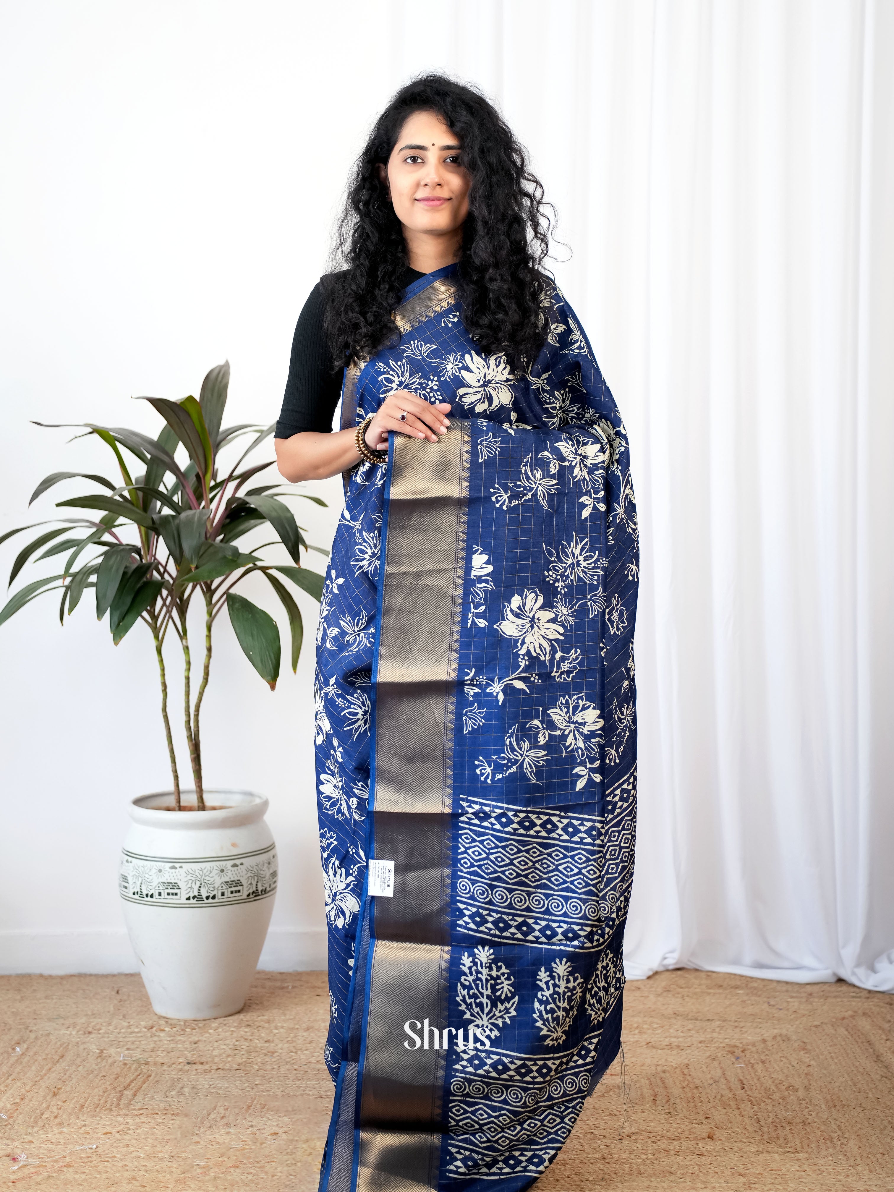 Blue  - Semi Crepe Saree