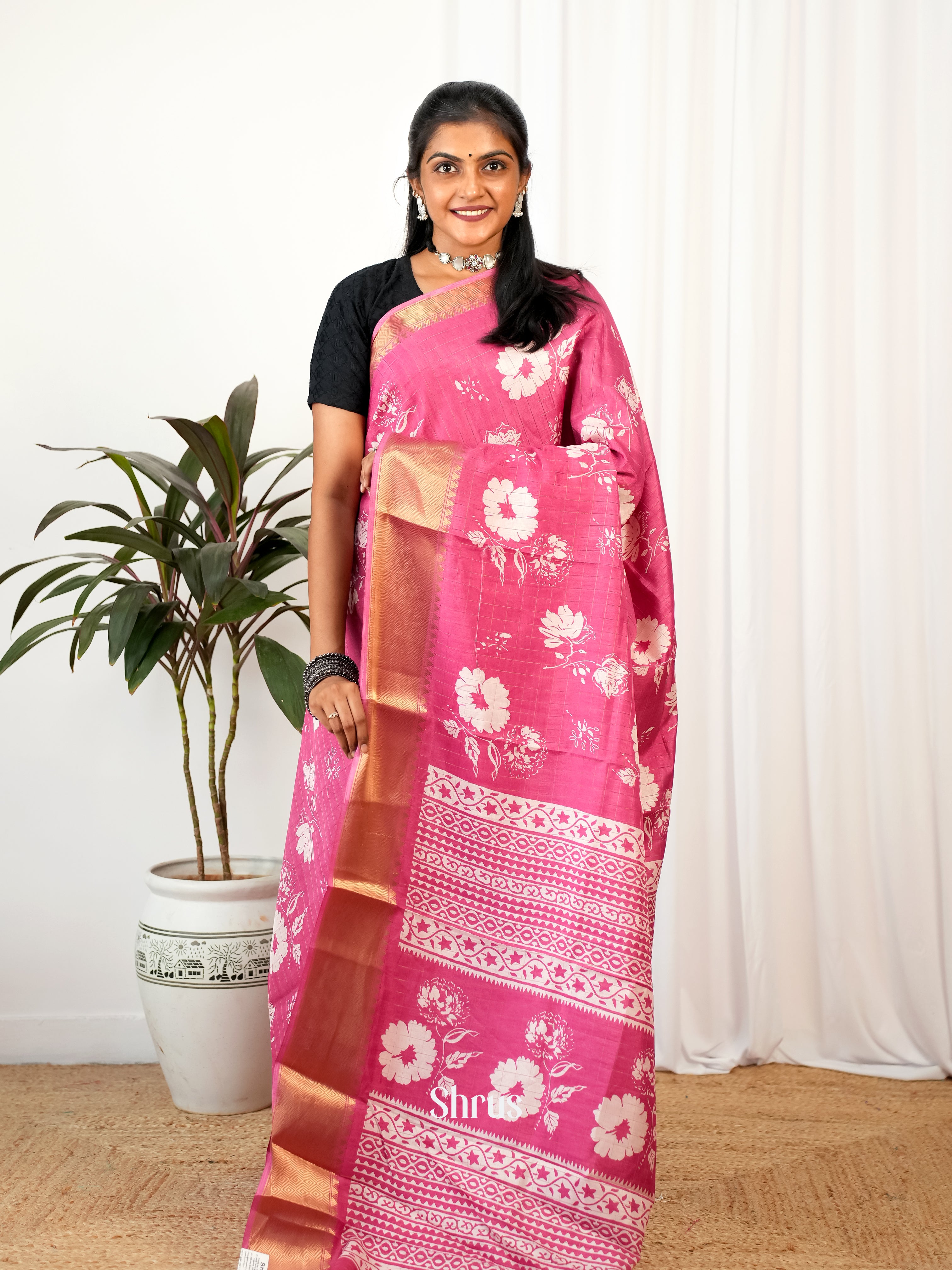 Pink  - Semi Crepe Saree