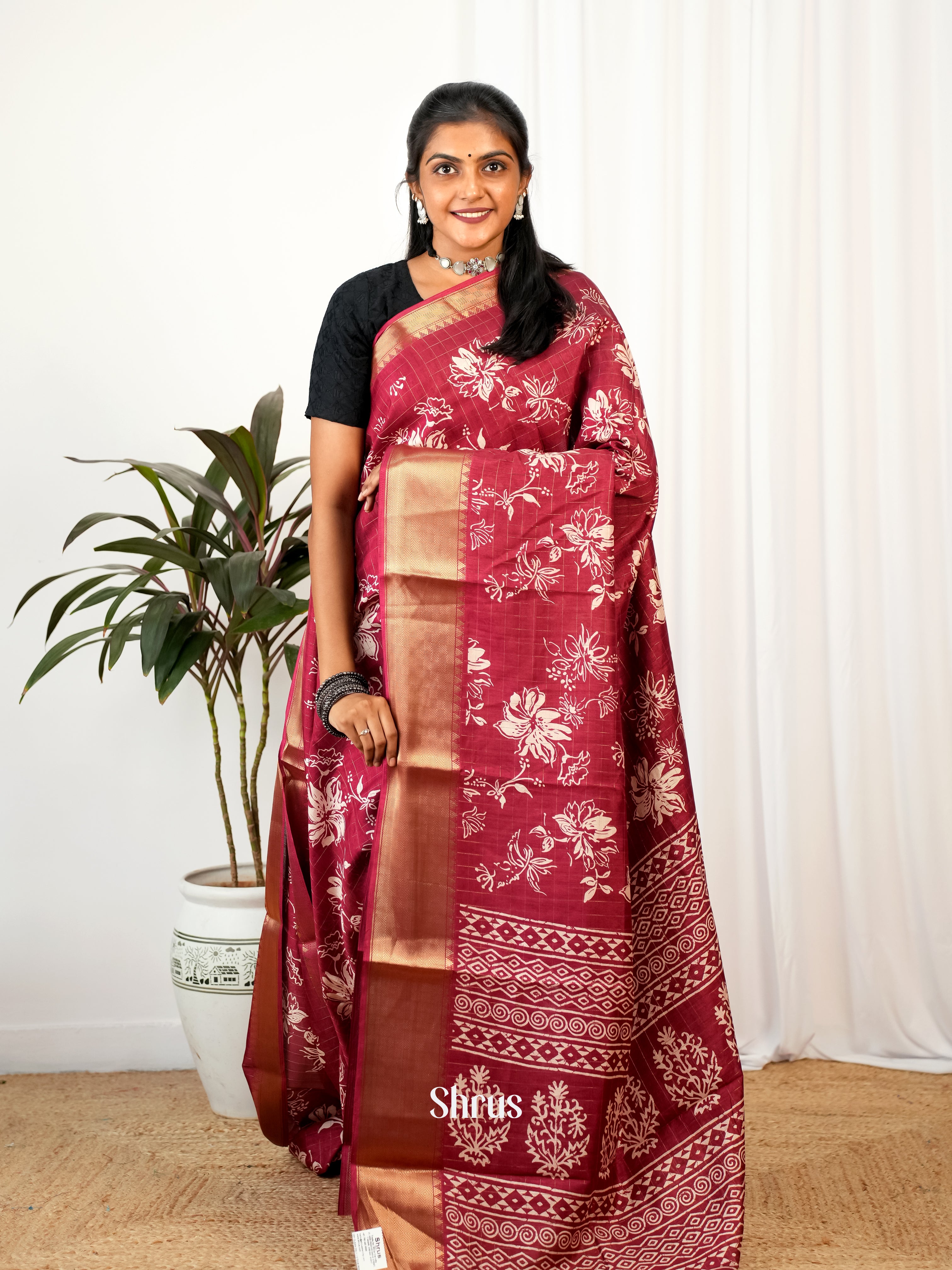 Maroon - Semi Crepe Saree