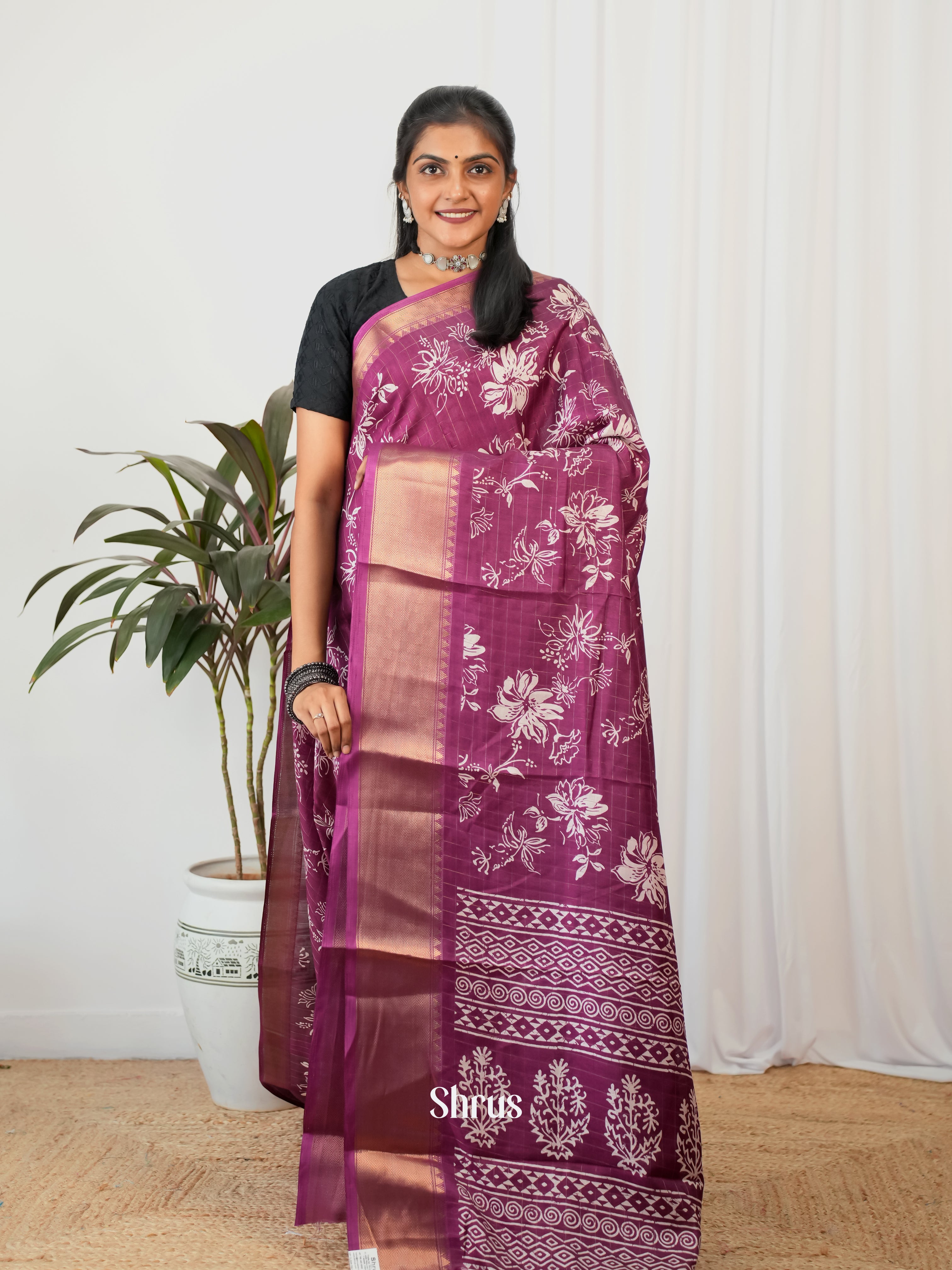 Purple  - Semi Crepe Saree