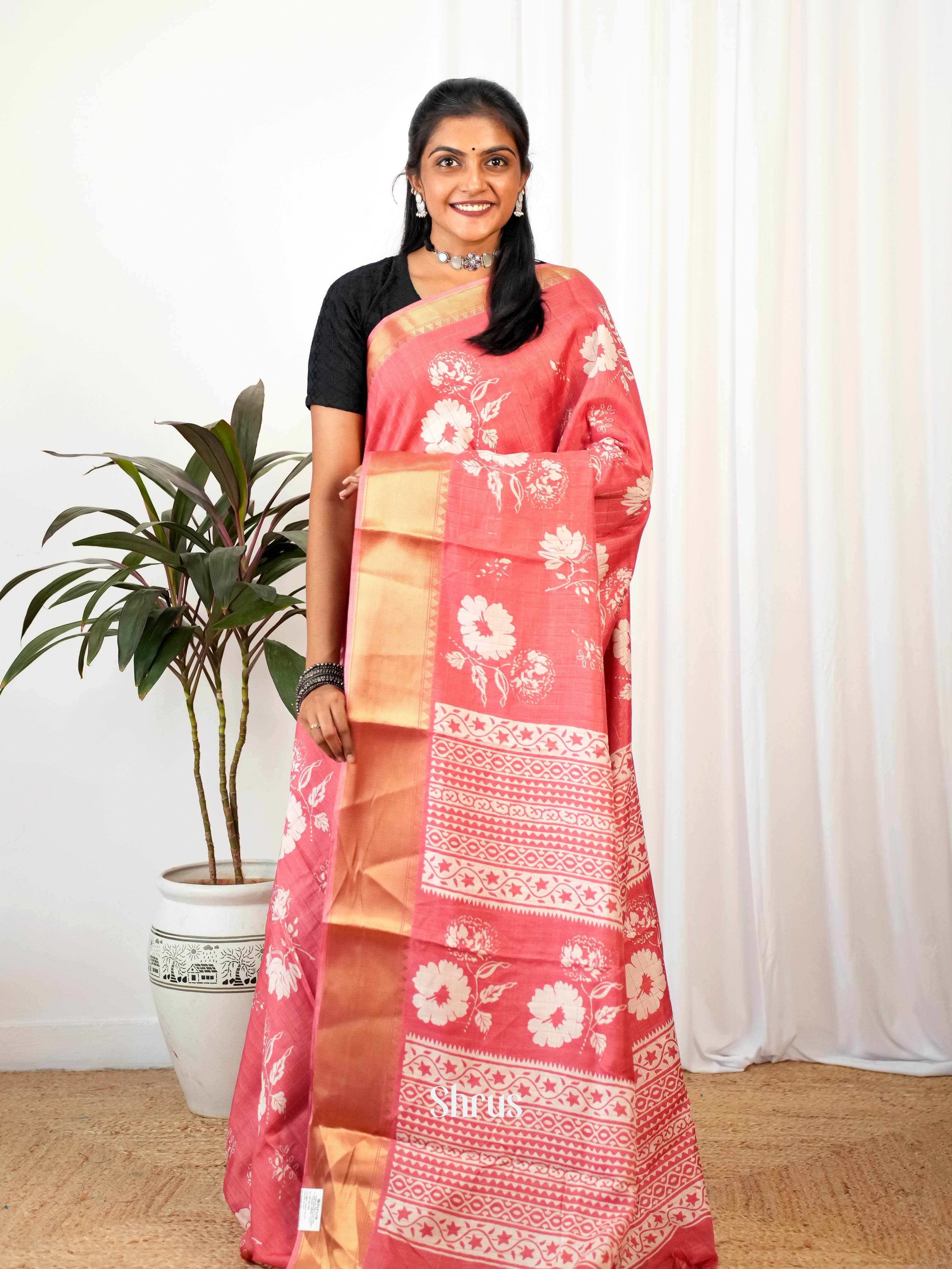 Red - Semi Crepe Saree