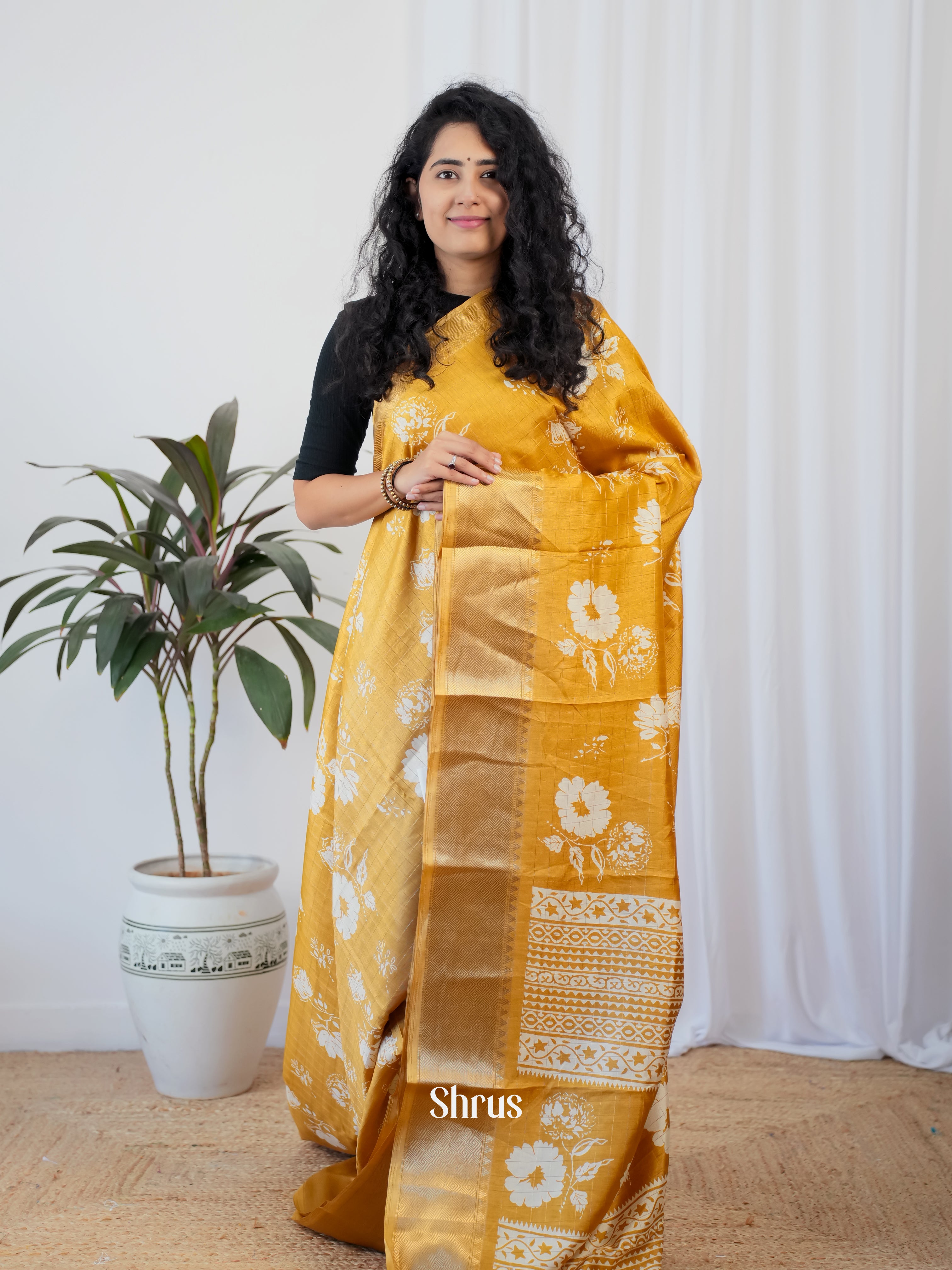 Mustard  - Semi Crepe Saree