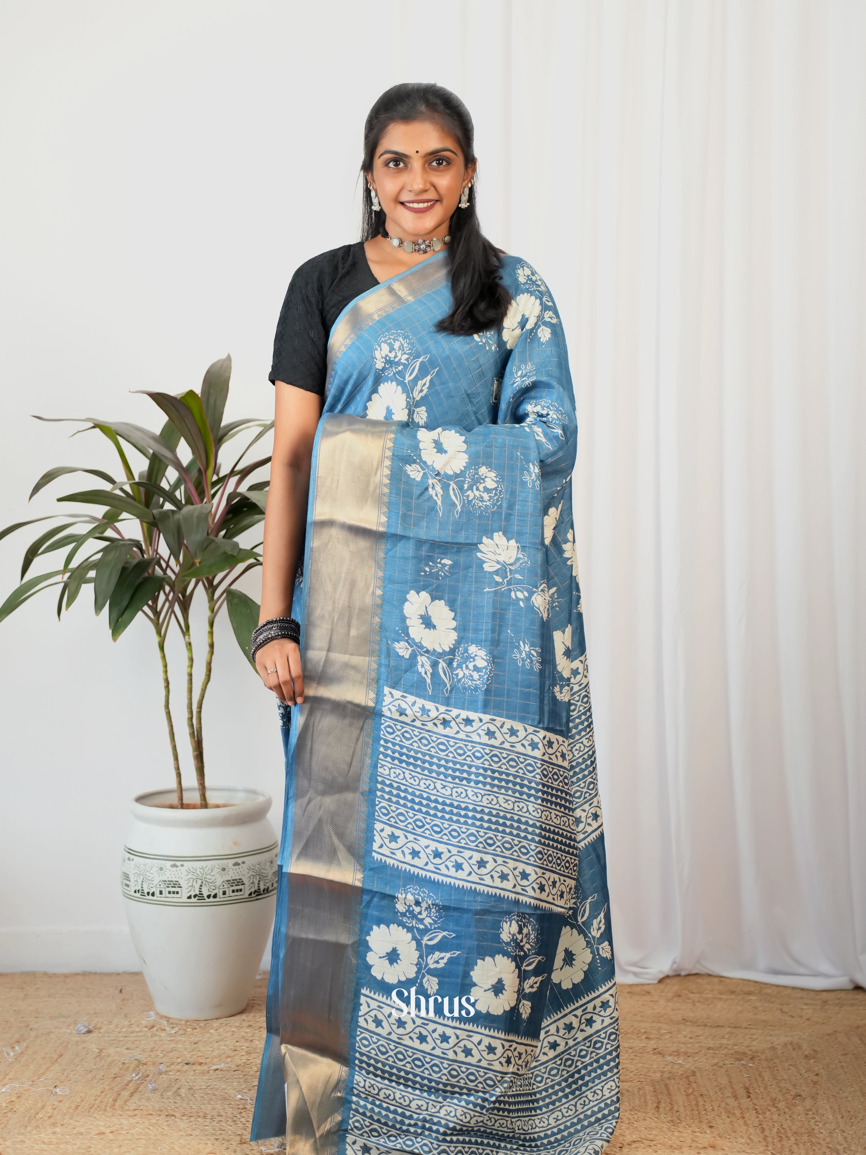 Blue - Semi Crepe Saree