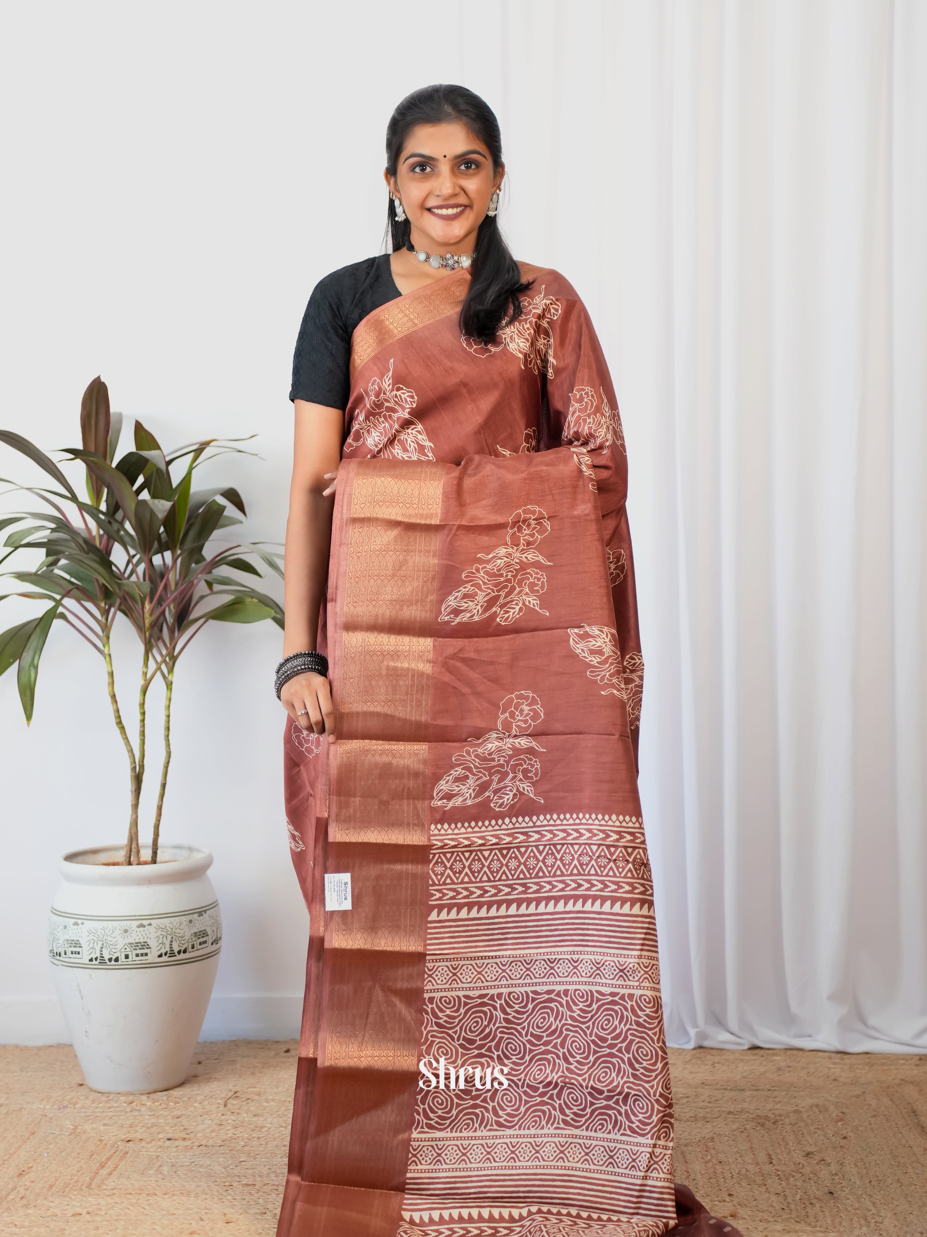 Brown - Semi Crepe Saree