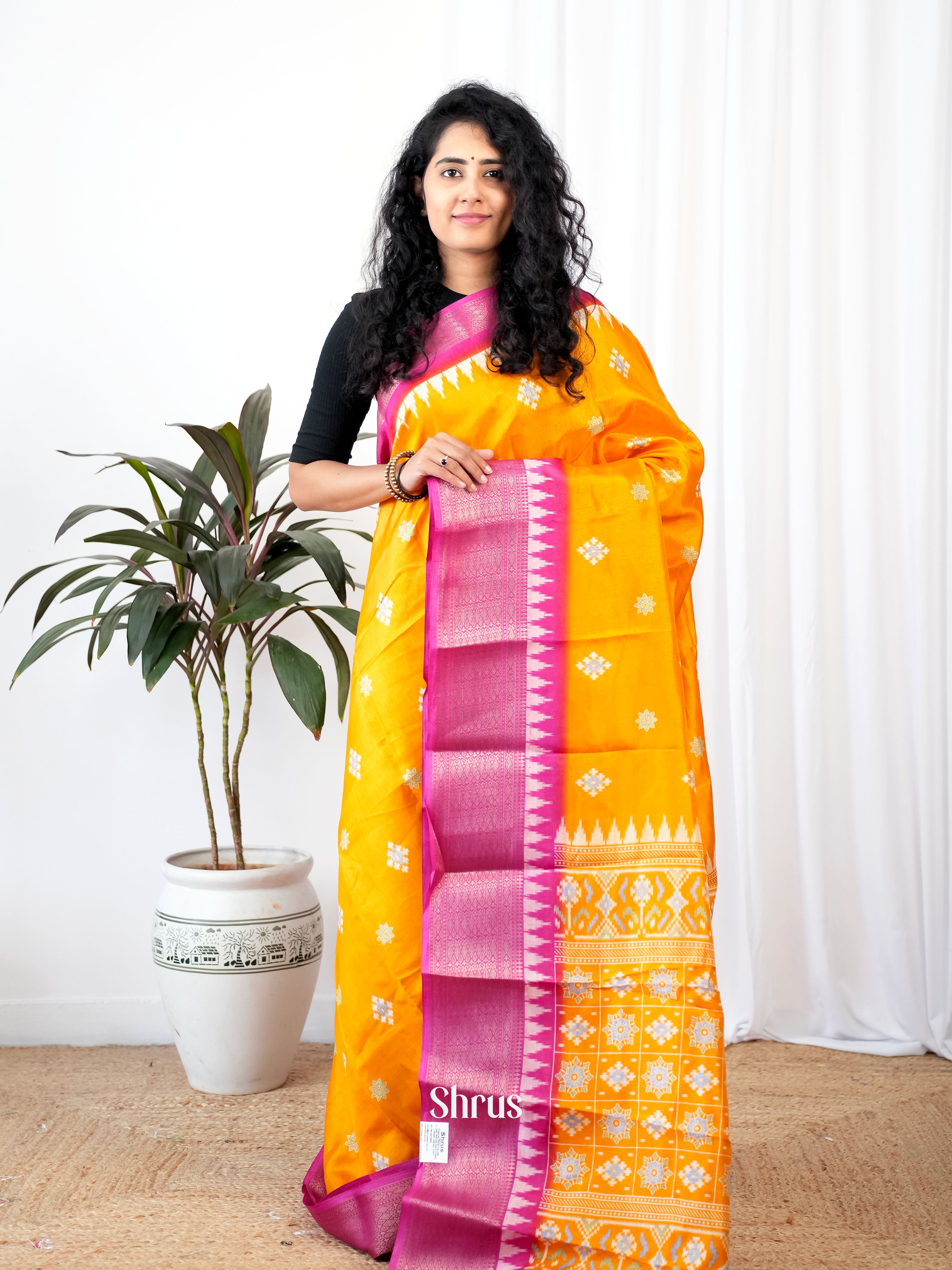 Mustard  & Pink  - Semi Crepe Saree