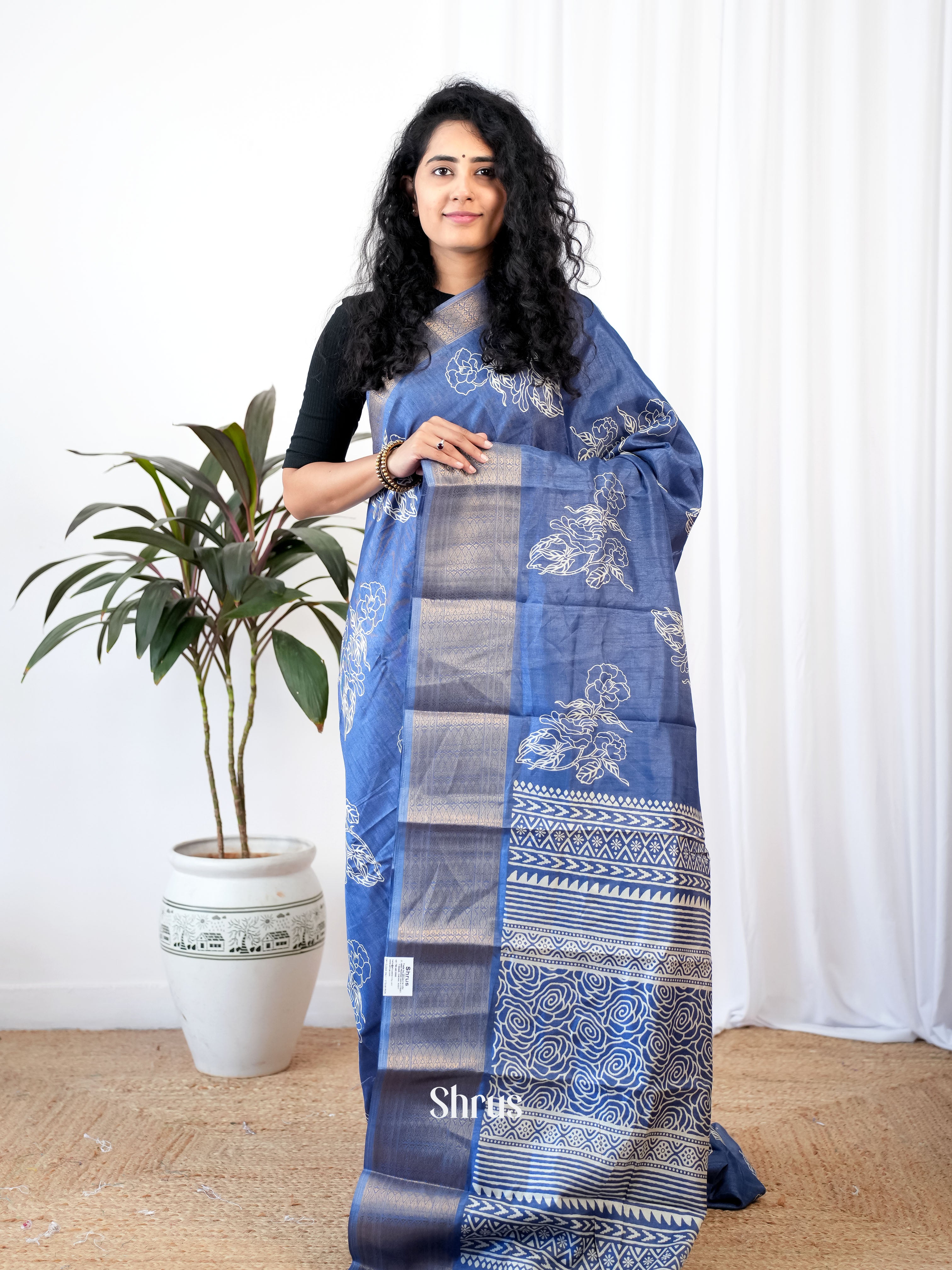 Blue - Semi Crepe Saree