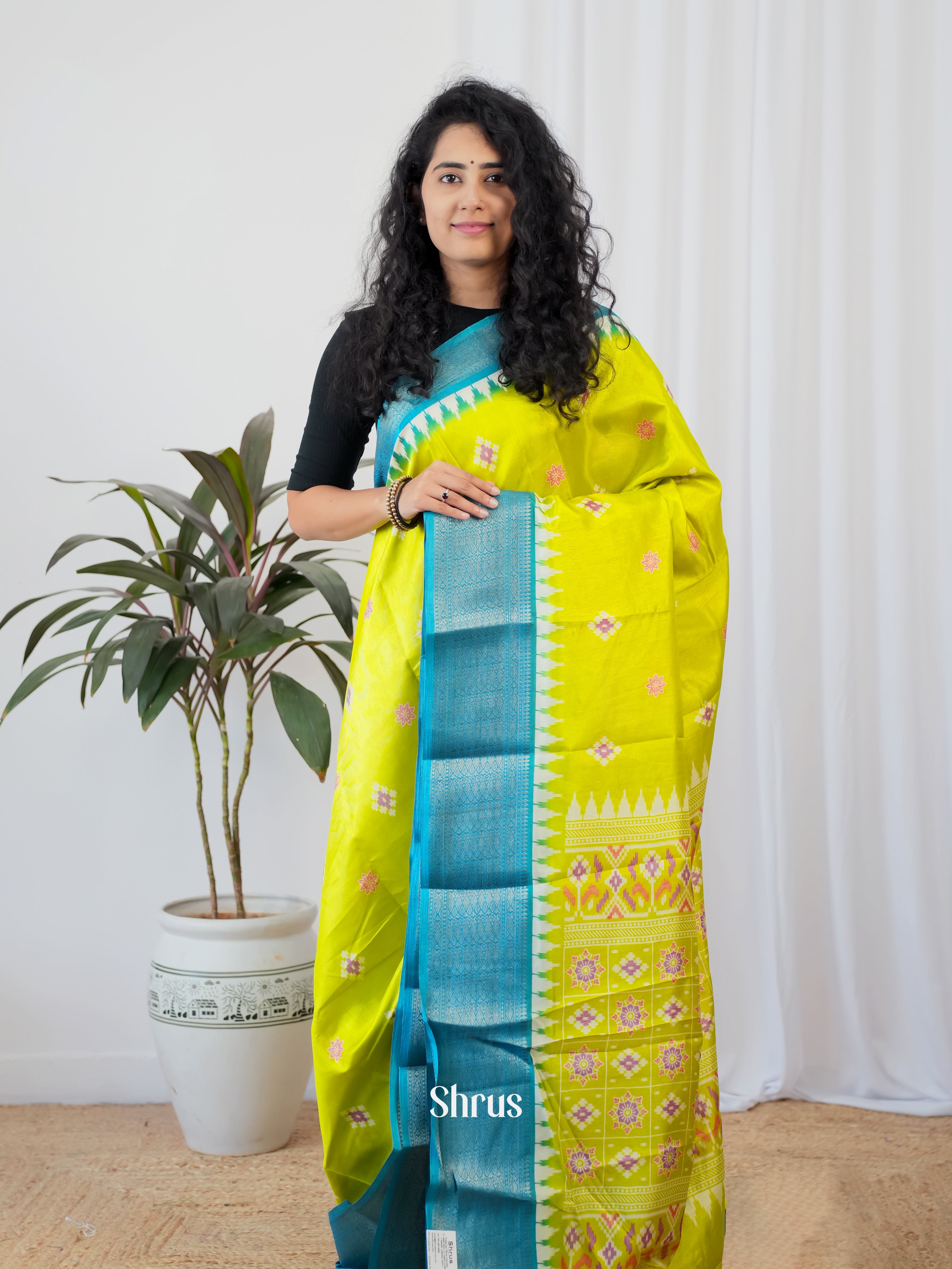 Lime Green & Blue - Semi Crepe Saree