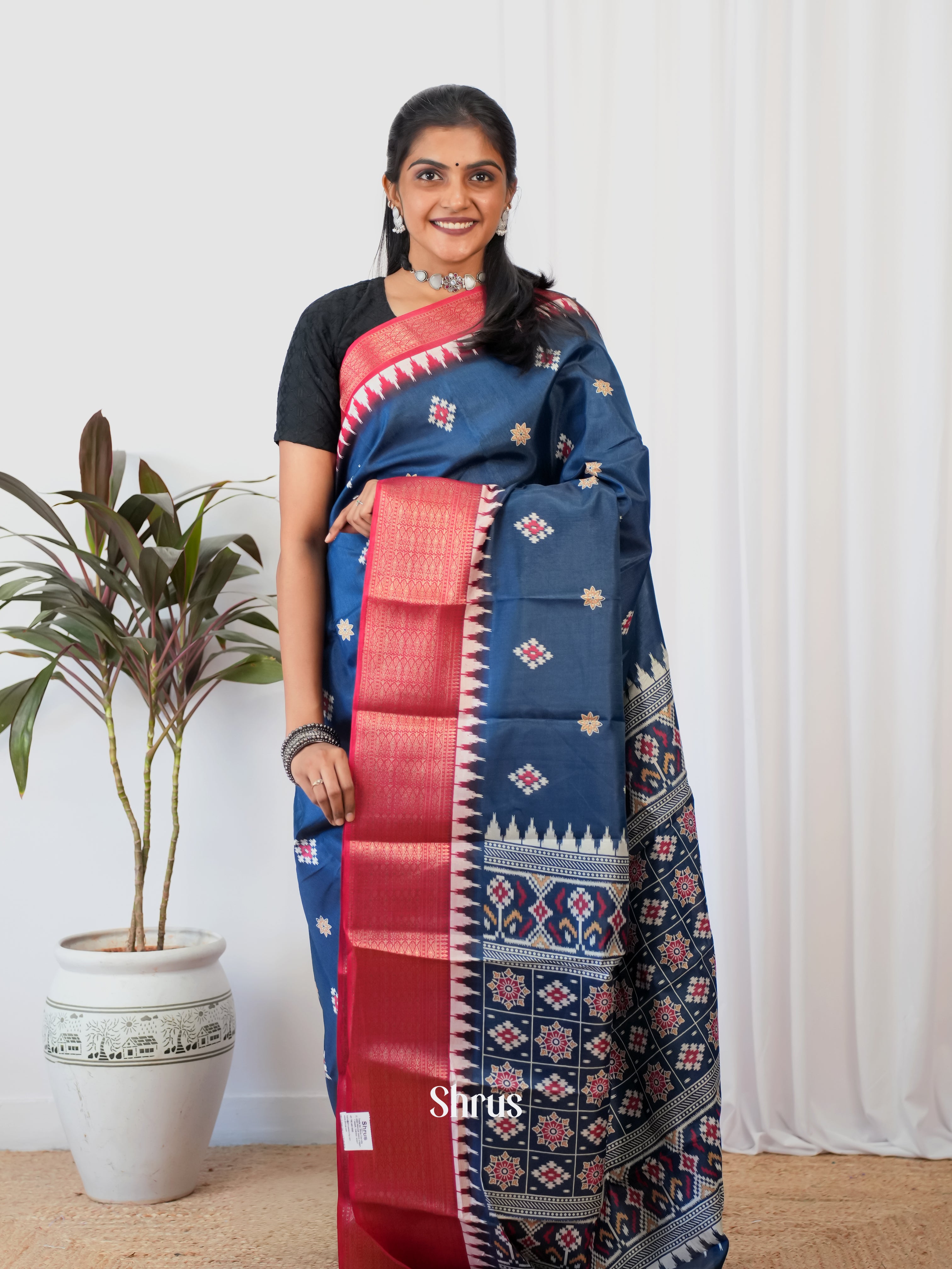 Blue & Red - Semi Crepe Saree