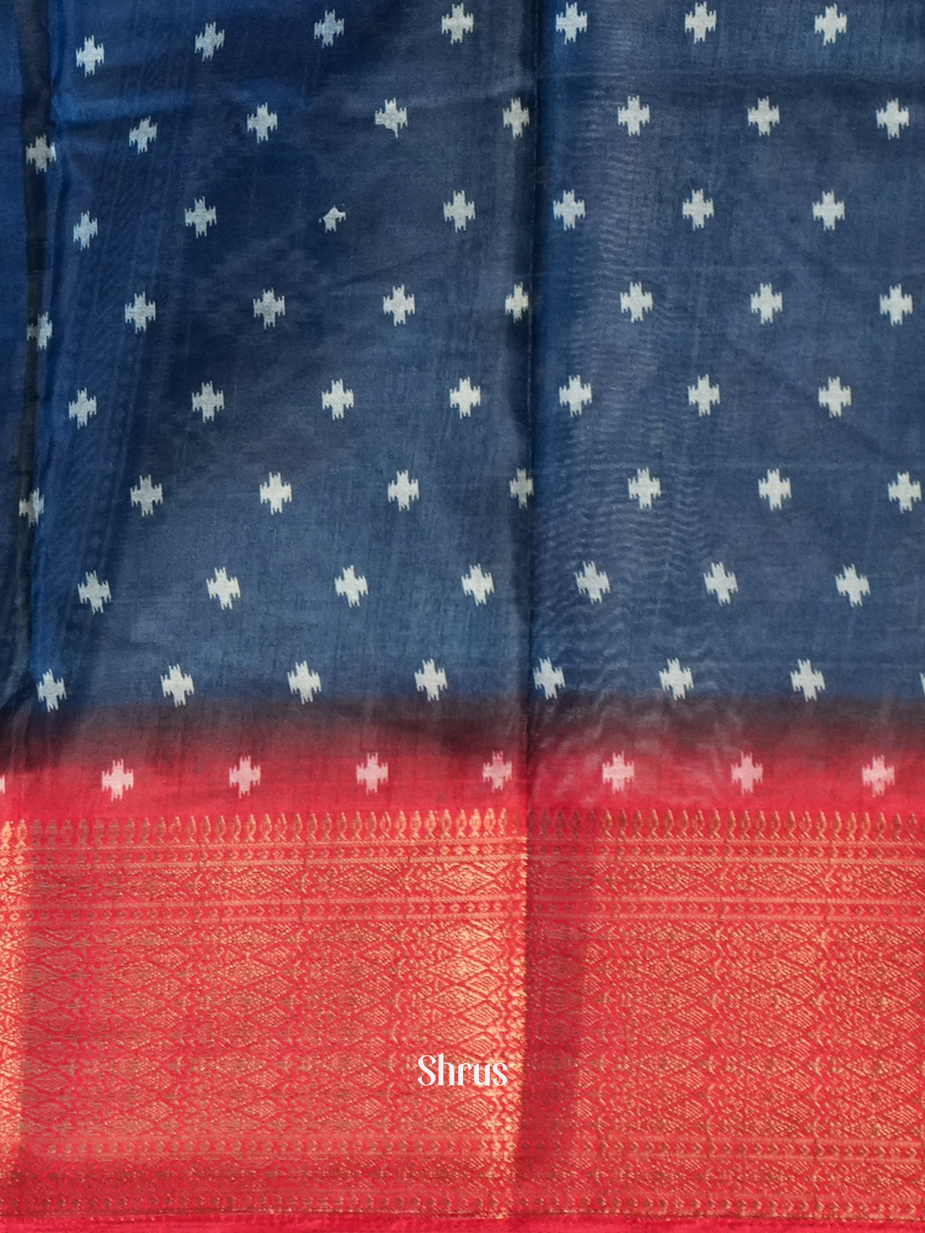 Blue & Red - Semi Crepe Saree