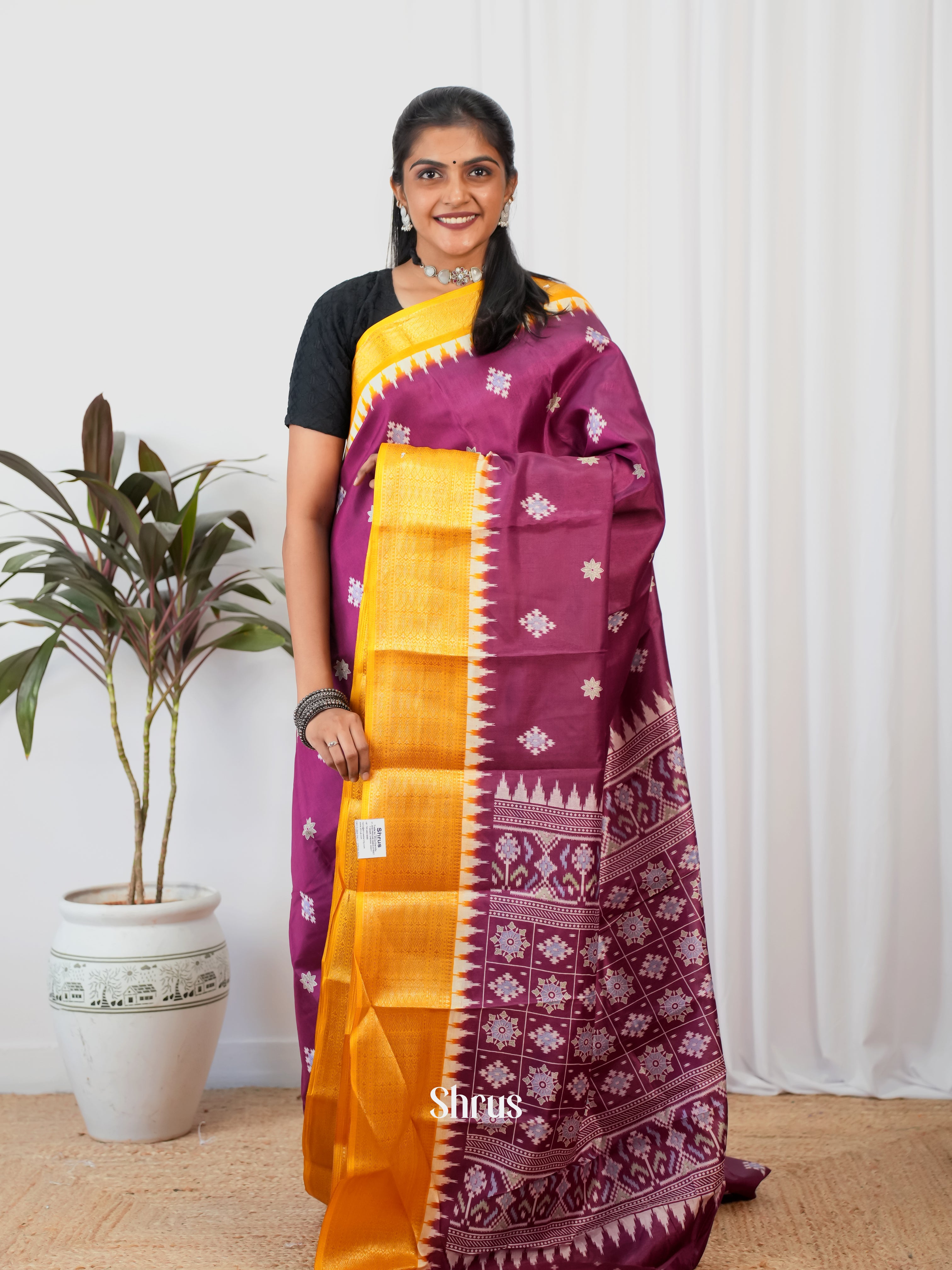 Purple & Mustard - Semi Crepe Saree